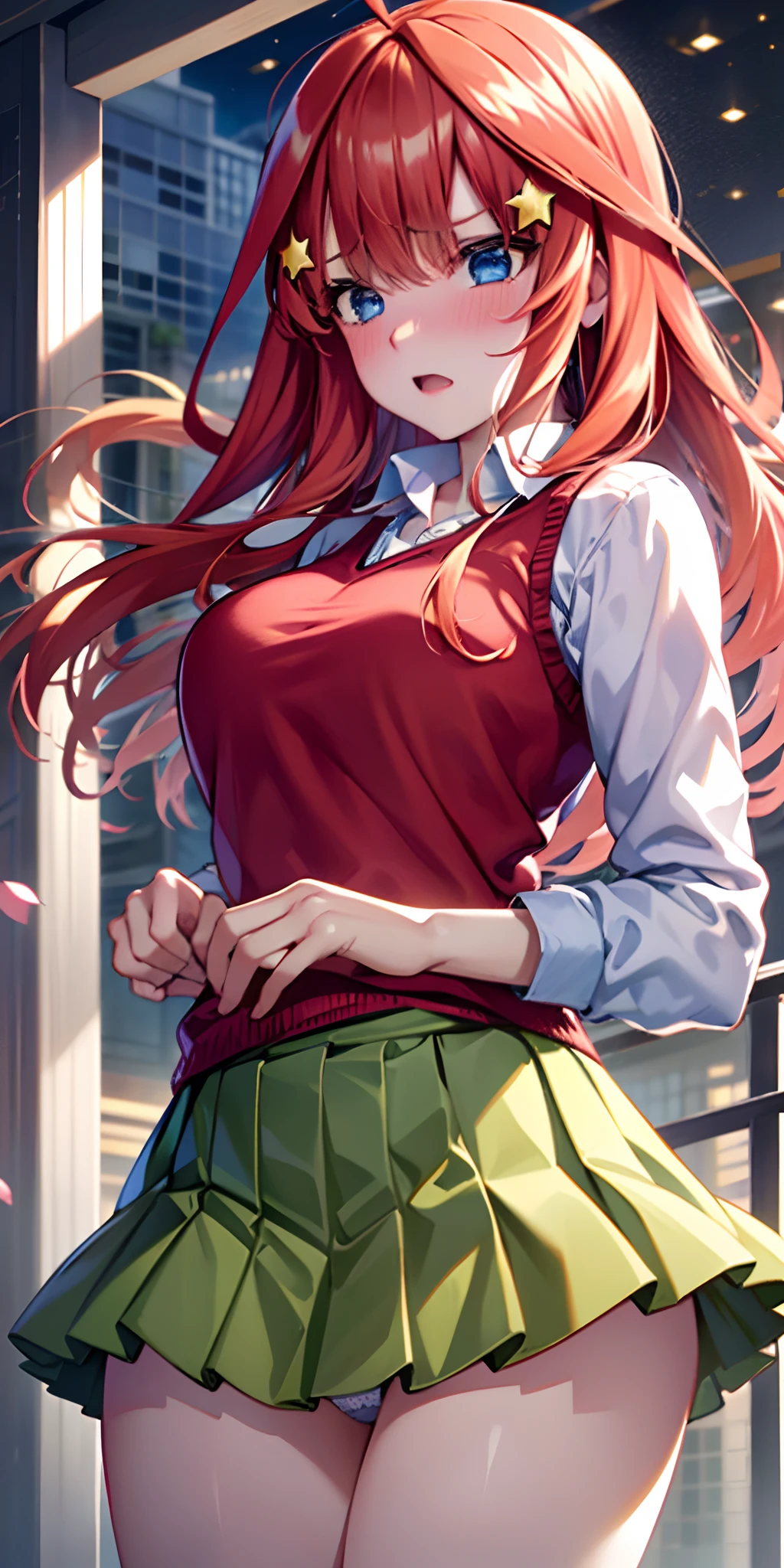 ultra-detailed, Best Quality, Anime, Highly detailed, extremely detailed CG, unity 8k wallpaper , super detailed skin, detailed , dynamic lighting , beautiful detailed eyes, Cowboy Shot, Itsuki Nakano, Red hair, Long hair, Star hair ornament, Ahoge, Red Sweater, Collared shirt, Green skirt, very short pleated miniskirt, medium breasts, Standing, School, Outdoors, embarrassed, blush,skirt lift by yourself,pigeon-toed, showing panties, floating hair, wind,