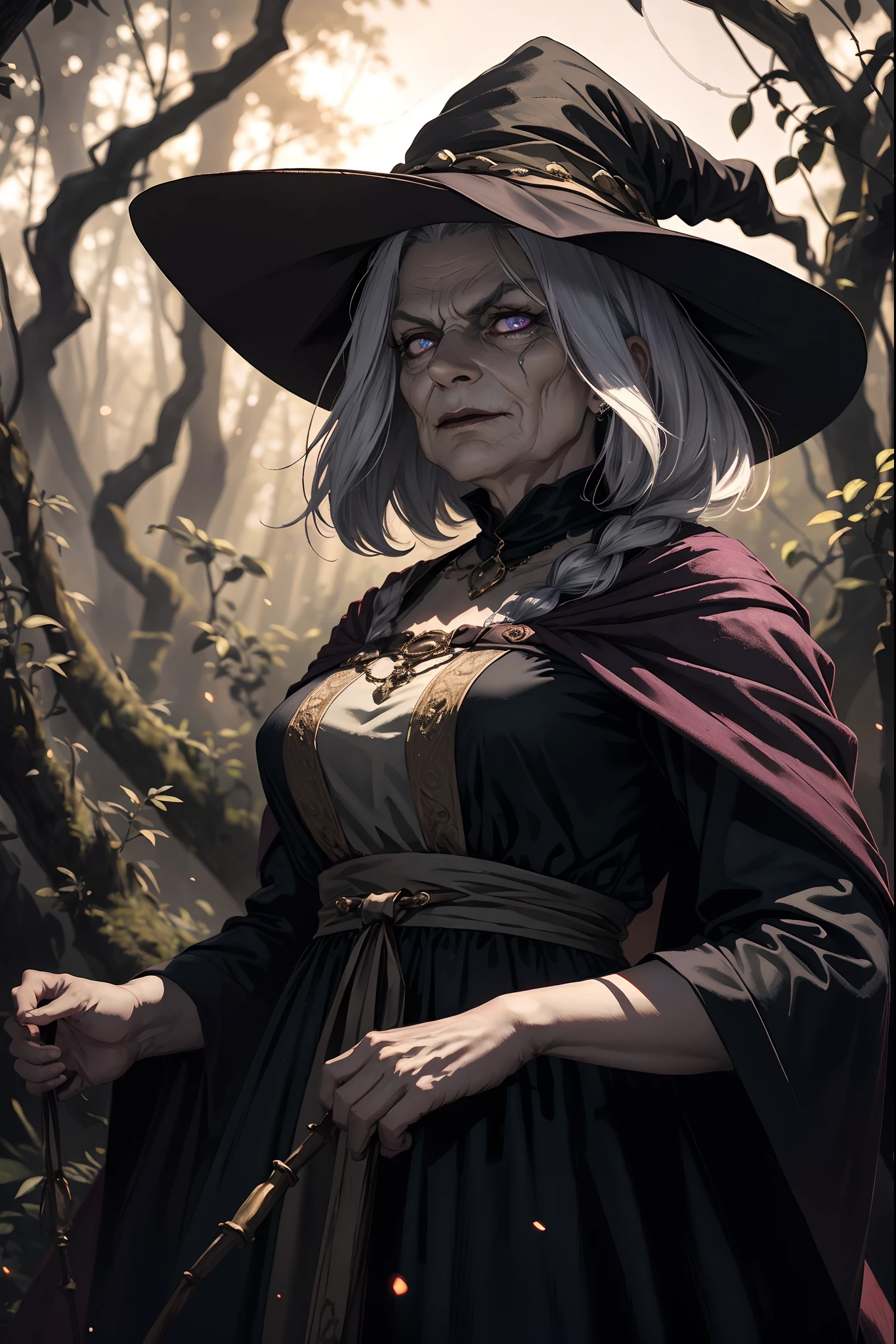 (8k, top quality, masterpiece: 1.4), ultra detail, super resolution, a stunning digital illustration of an old witch she lives deep in the forest preying on innocent souls, she has long straight white hair, evil purple eyes, old wrinkly skin texture, (old woman), her evil features scare the viewer, her presence is ominous, bokeh, eerie light particles, magic glow, nightshade and vines