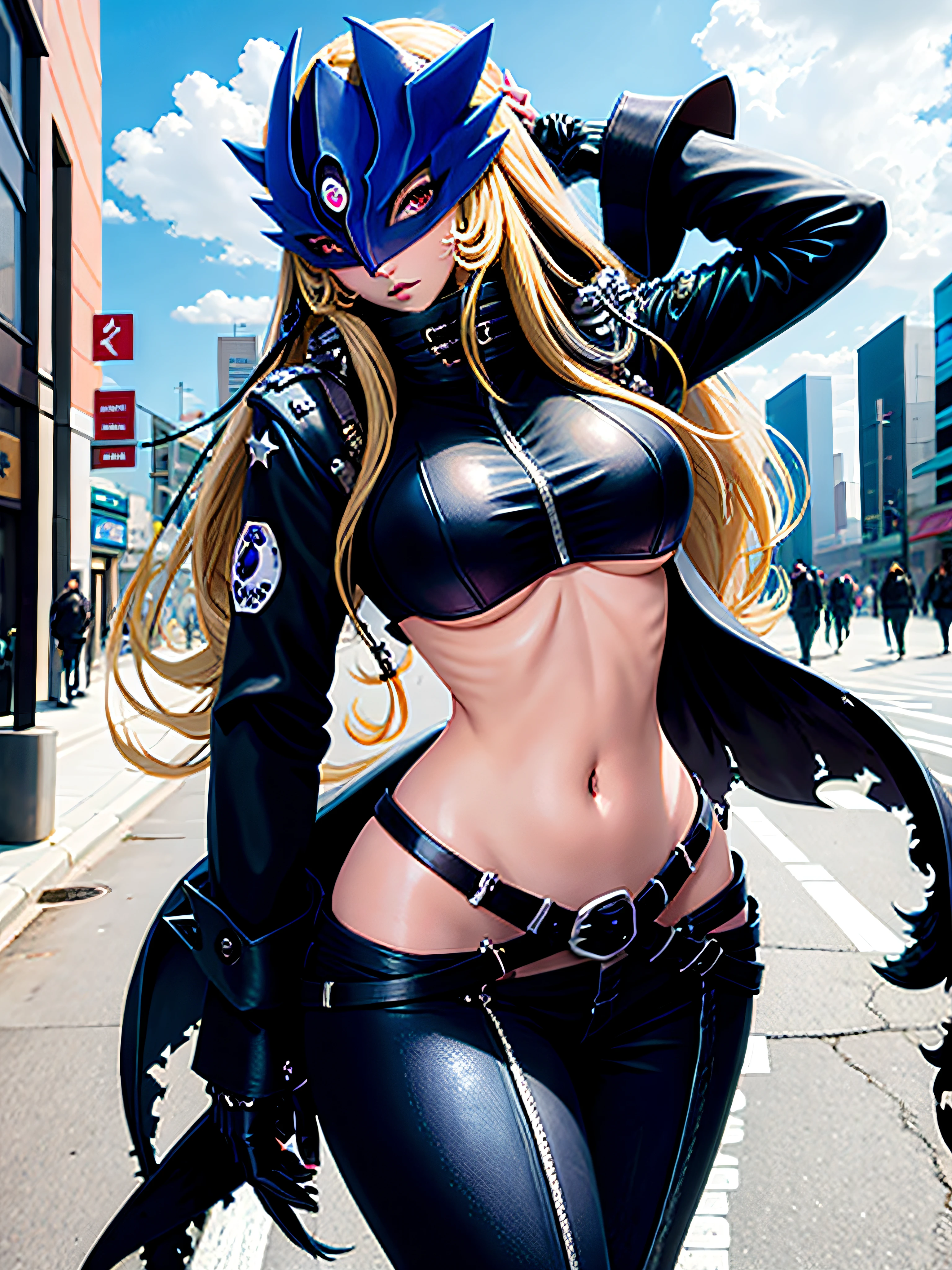 masterpiece, best quality, beautiful detailed eyes, beelstarmon, 1girl, solo, long hair, looking at viewer, large breasts, gloves, long sleeves, navel, standing, jacket, sidelocks, cowboy shot, open clothes, black gloves, midriff, belt, pants, city, street,