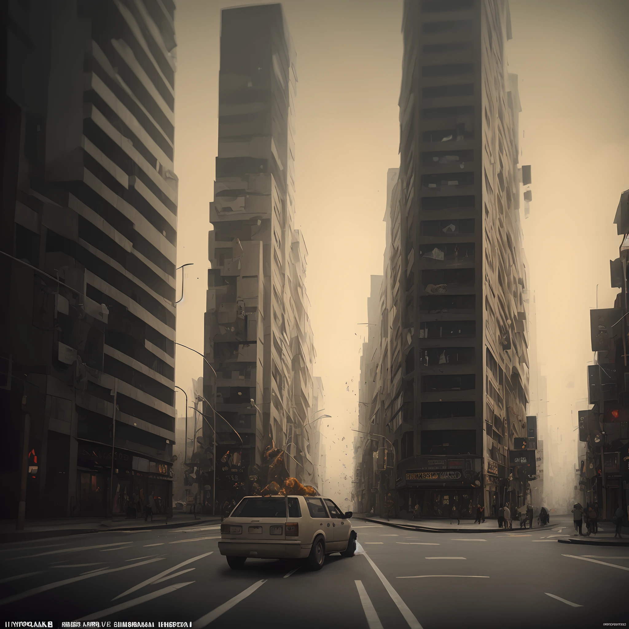 there is a car that is driving through a city with a huge cloud of smoke, destroying a cityscape, beeple and tim hildebrandt, recusion beeple, beeple and greg rutkowski, beeple. hyperrealism, 3 d render beeple, beeple and mike winkelmann, stylized urban fantasy artwork