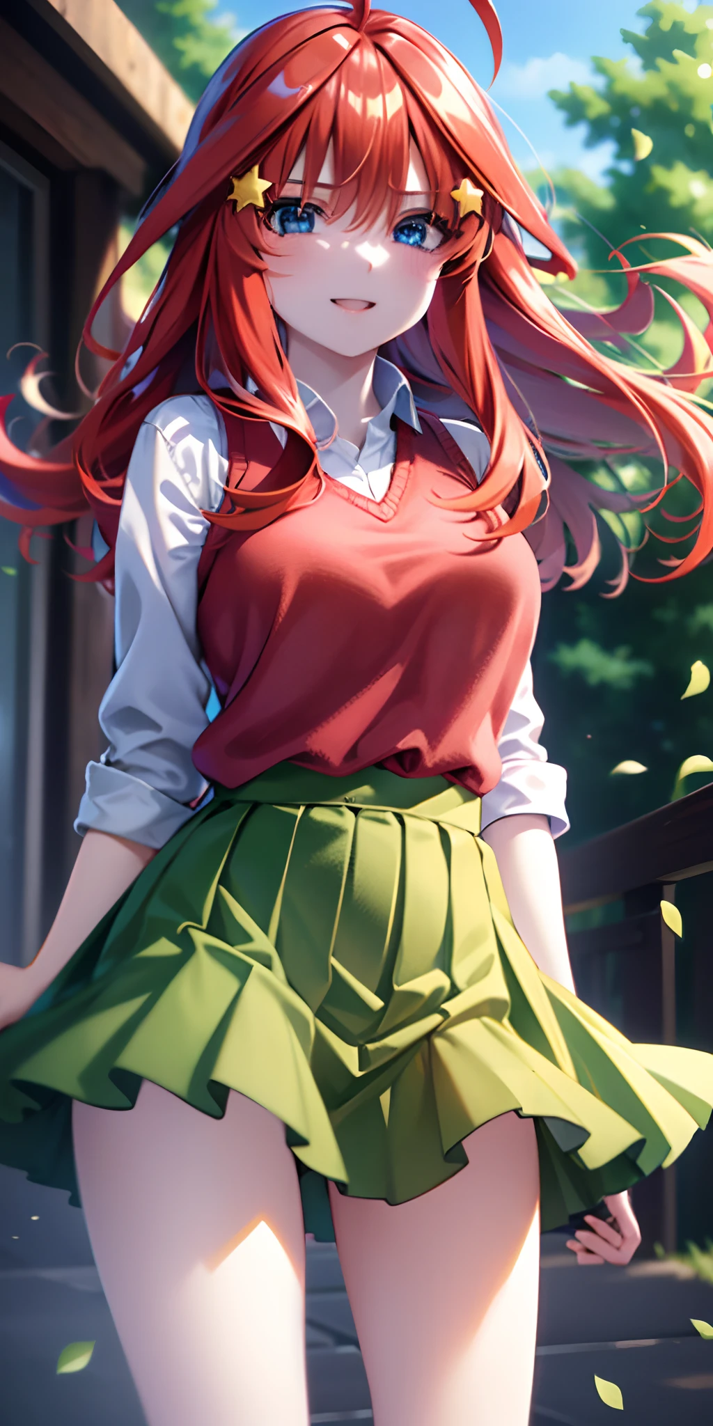 ultra-detailed, Best Quality, Anime, Highly detailed,extremely detailed CG, unity 8k wallpaper , super detailed skin, detailed , dynamic lighting , beautiful detailed eyes, Cowboy Shot, Itsuki Nakano, Red hair, Long hair, Star hair ornament, Ahoge, Red Sweater, Collared shirt, Green skirt, very short miniskirt, medium breasts, Standing, School, Outdoors, best smile, skirt lift by yourself,pigeon-toed, showing panties, floating hair, wind,