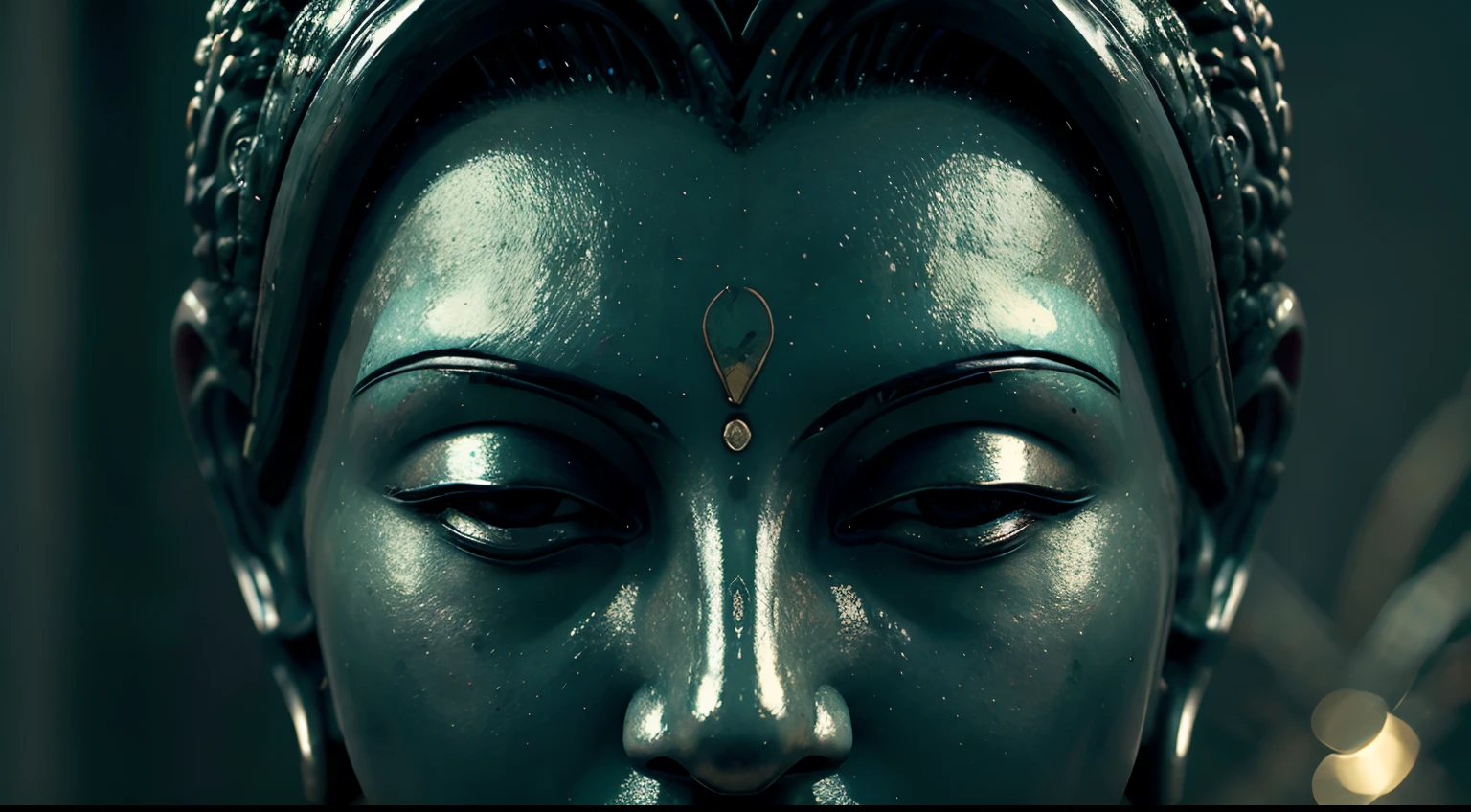Buddha statue, Estoicismo, enigmatic gaze, Chaotic environment, fundo escuro. cores intensas, Alto contraste