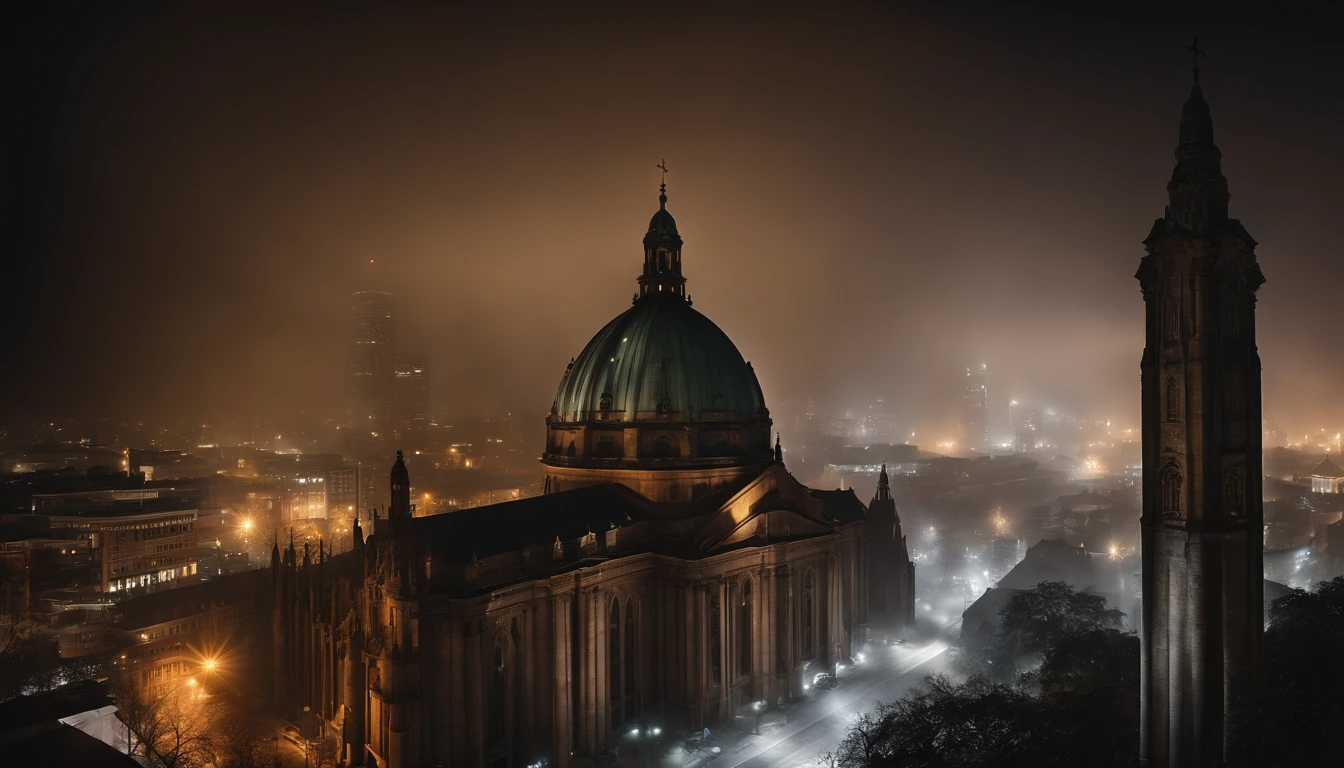 photo-realistic high-contrast, ultra wide angle perspective distortion, foggy, dark, moody, surreal, cathedral in city at night, surrounded by towering skyscrapers,
