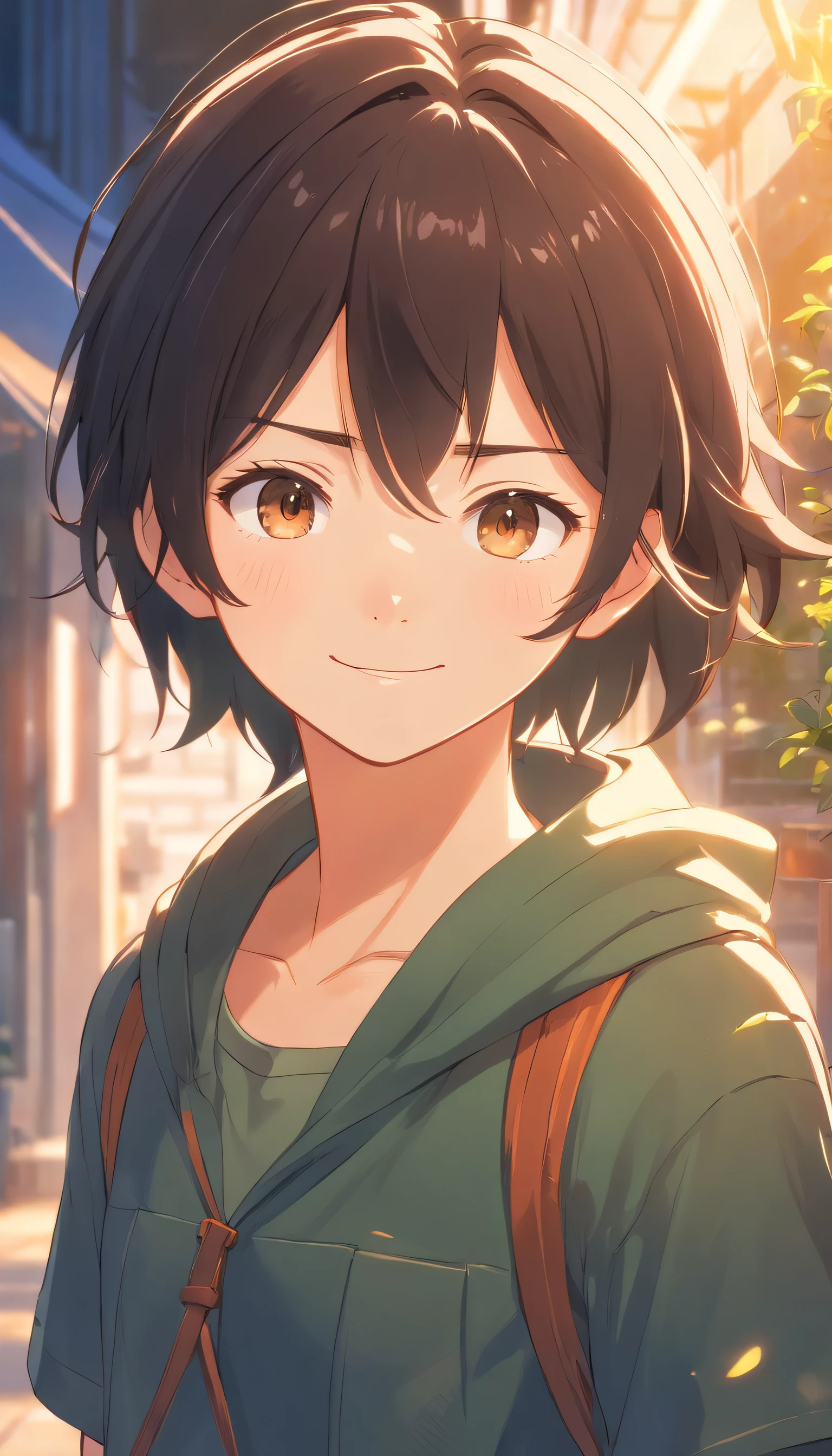 1child, Handsome 18-year-old man, Dark brown eyes, black color hair,with long coiled hair, short stature :1.3, hyperdetailed face, A detailed eye, The long, Thin eyelids, A shy smile, White skin of the