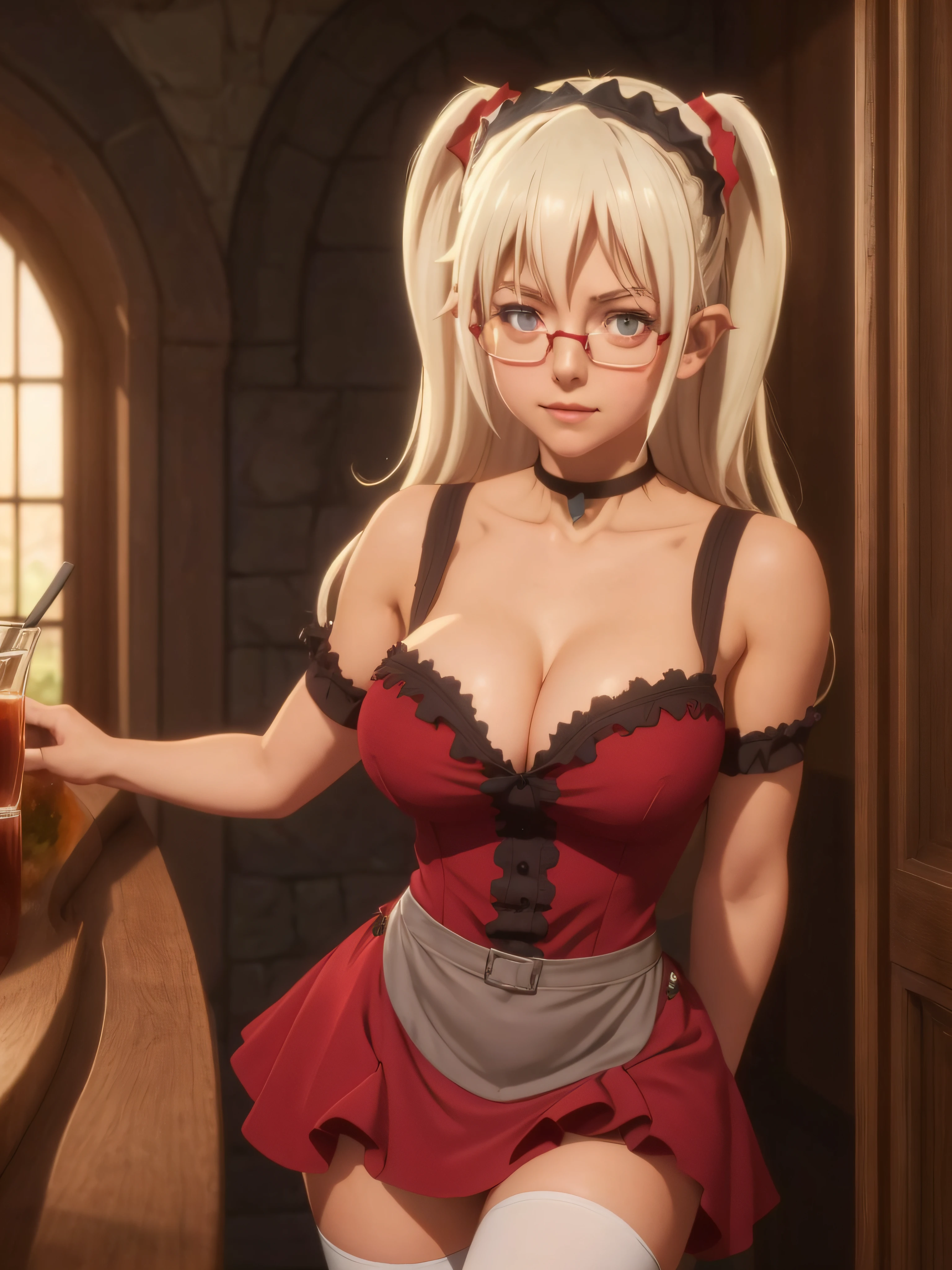 edelgard, cafegear, red dress, brown apron, white thighhighs, cleavage, choker, glasses, solo, leaning forward, hajidere, 1girl, perfect face, perfect eyes, looking at viewer, by artgerm, cinematic 4k wallpaper,ultra detailed, high resolution, artstation, award winning , fantasy, medieval