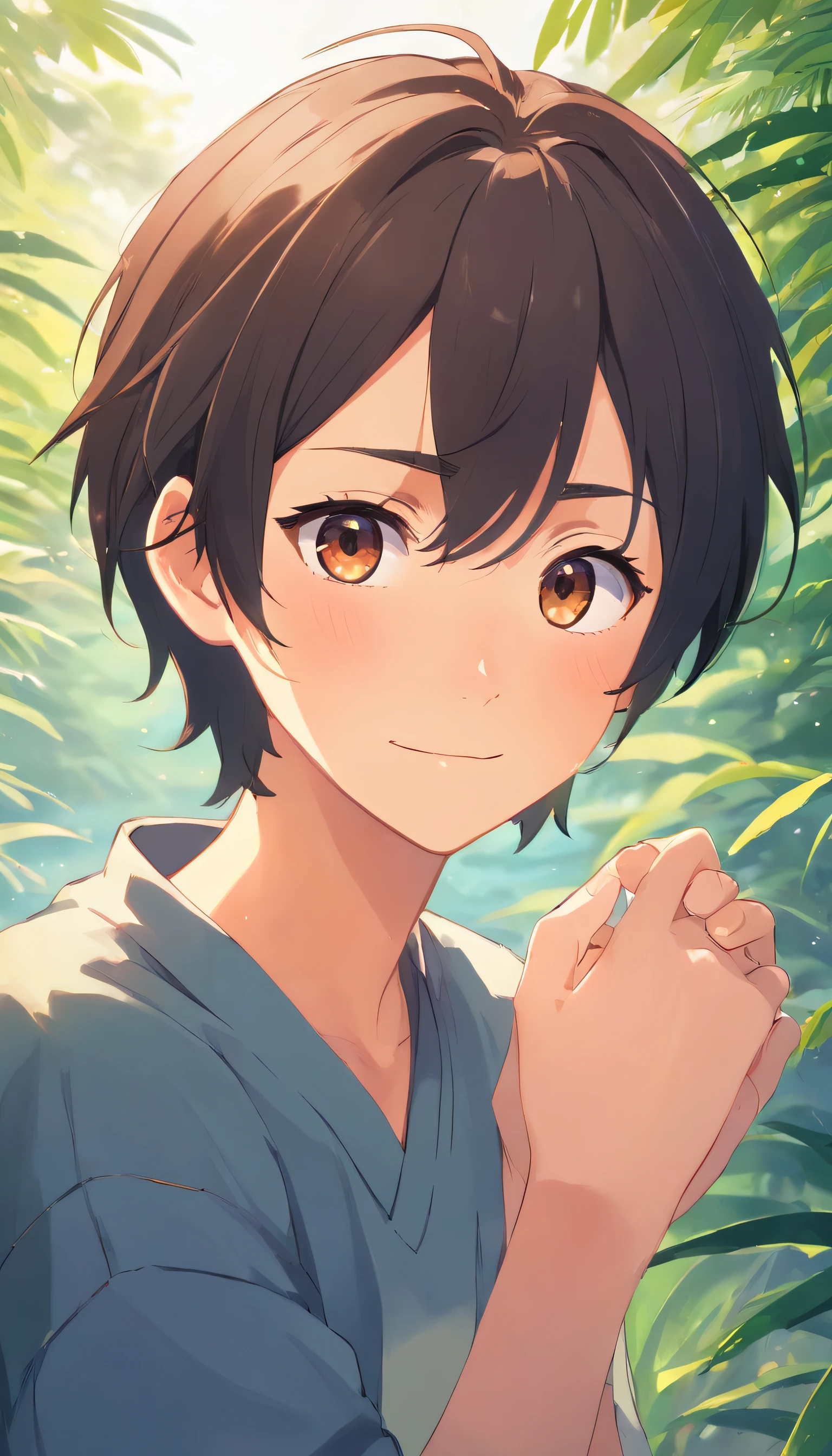 1child, Handsome 18-year-old man, Dark brown eyes, black color hair，with long coiled hair, short stature :1.3, hyperdetailed face, A detailed eye, The long, Thin eyelids, A shy smile, White skin of the