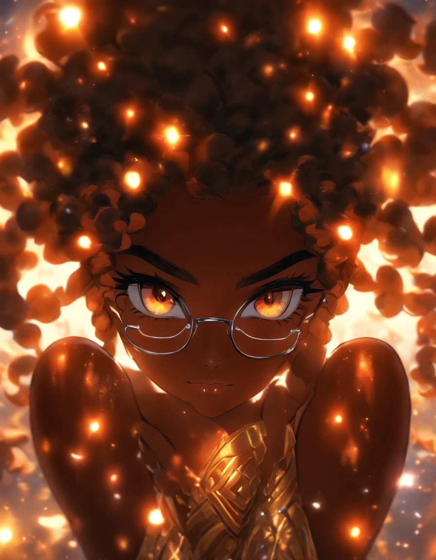 (((Goddess of beauty with dark skin,  with glasses on her eyes, with sparkling eyes))) Ultra Graphics, 4k quality, computer graphics