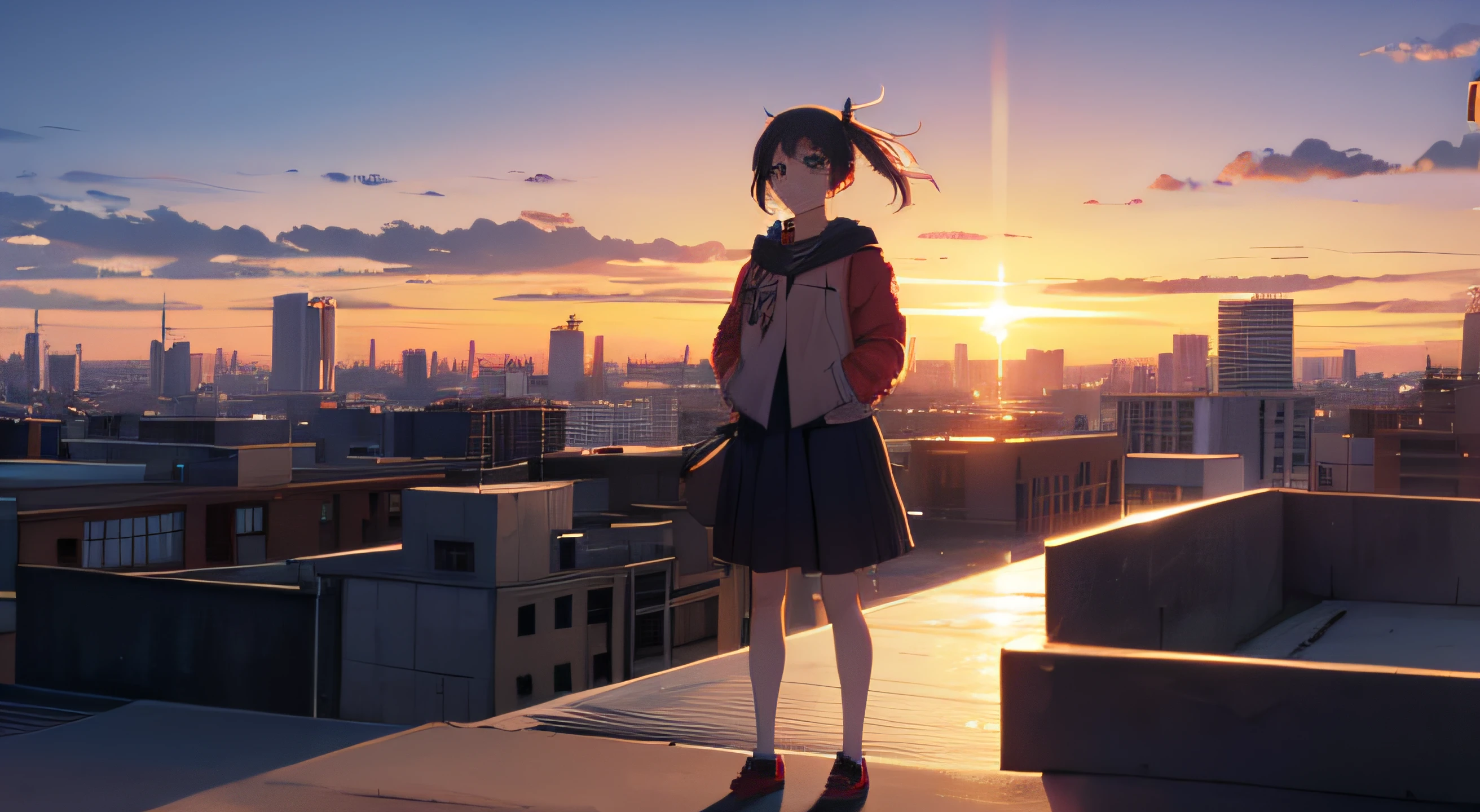anime girl standing on a building watching the sunset