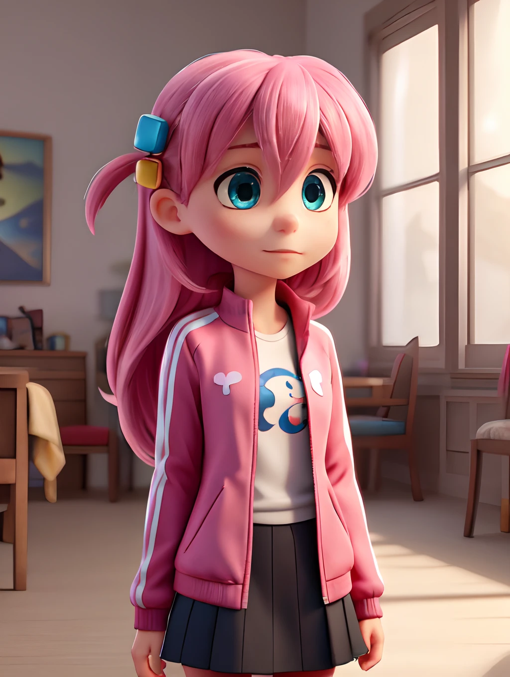 Masterpiece, best quality, high resolution, ((hitori gotou)), blue eyes, cube hair ornament, hair between eyes, hair ornament, pink hair, one side up, long hair, black skirt, jacket, long sleeves, pink jacket, track jacket, track suit, upper body, Disney Pixar style