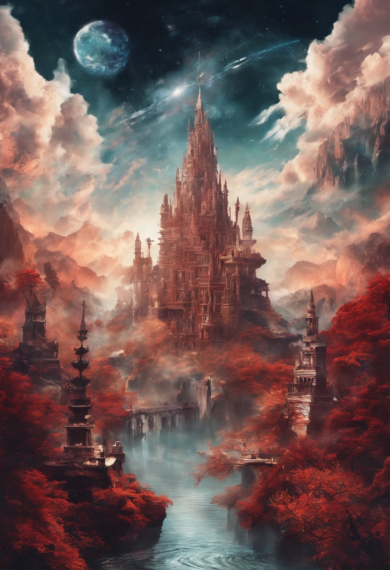 (Masterpiece)),((Best quality)),((High- sharpness)),((Realistic,))In a red dream, (Background with:Deep in space),(Biomechanical moving castle),There are complex cities,the street,(salama:1.2),(Spotted creek beast:1.2)Mysterious outer space, Floating mountains, avatar landscape, Water channels, (Hallelujah Hanging Mountain:1.2), (Giant castle floating in the air: 1.5), (Reflection), (Bizarre and fascinating plants from outer space), Floating islands, , Movie dystopia, Epic matte painting, Dutch Golden Age painting, Fuji colors, Shining, Blurry, fading border, partial underwater shot, 8K,floating platforms, Surrounded by wonderful scenery, Angel falling from the sky with devil wings