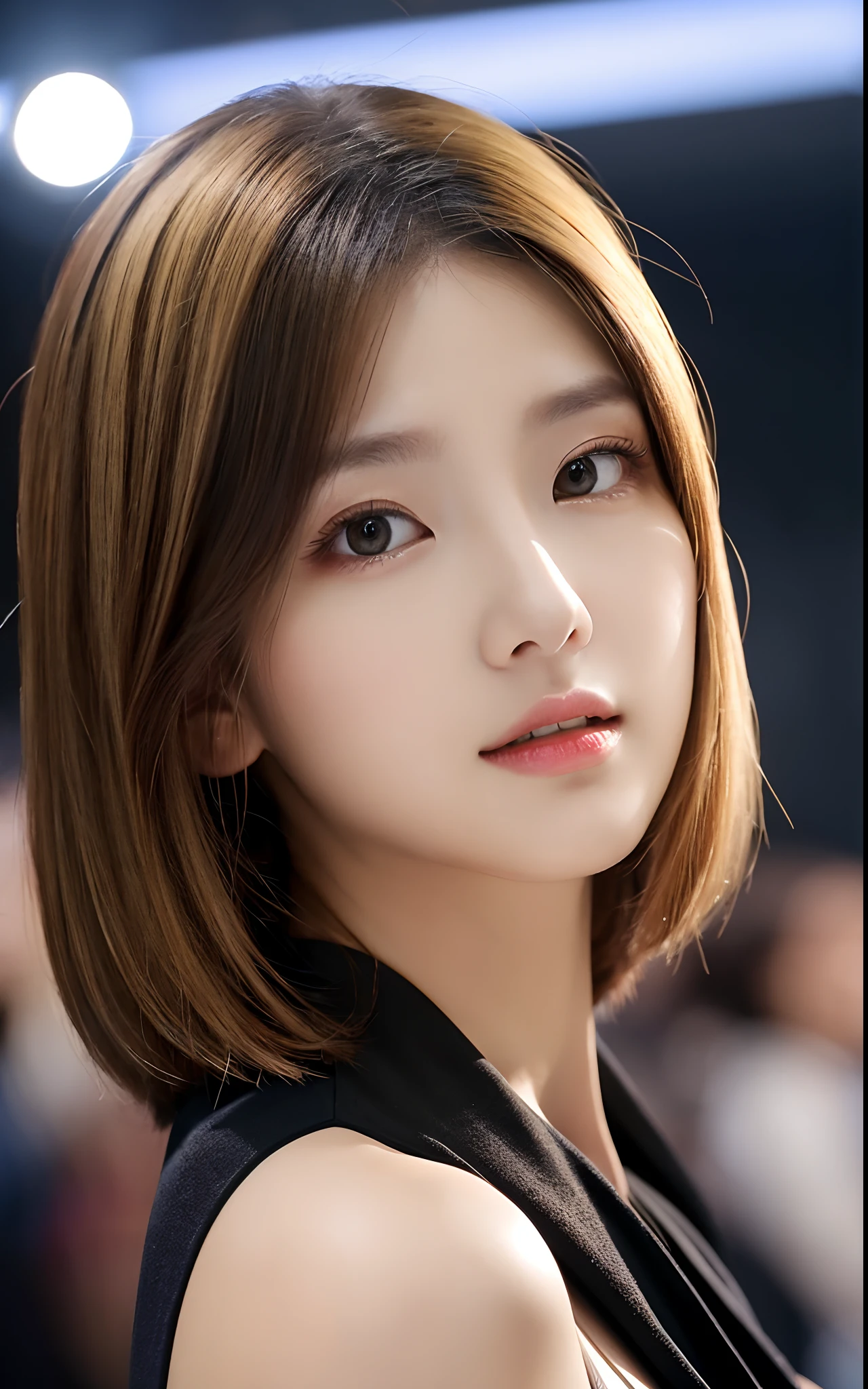 ((Girls at idle level)), ​masterpiece, The highest image quality, ultra-detailliert, (perfectbody:1.2), (Perfect face+eye glass+dishevled hair+Bright blonde bob hair), Close up of, Viewer's Perspective, She bent and lowered her body to match the gaze of the audience。detailed hairs,ssmile、Detailed eyes(realisticeyes),profetional lighting,middlebreast,Detailed eyes(Lifelike eyes),a necklace,Background: Jet black,dynamic shadow,profetional lighting,Beautiful skin,(Clear Skin)、((Beautiful face))