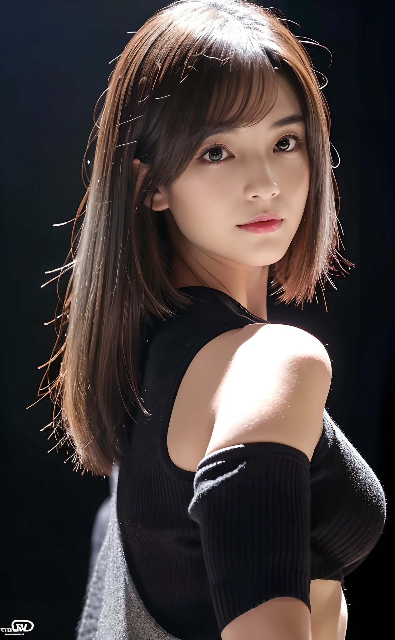 ((Girls at idle level)), masterpiece, The highest image quality, ultra-detailliert, (perfectbody:1.3), (Perfect face+eye glass+dishevled hair+Ash grey bob hair on brown hair), Close up of, Viewer's Perspective, She bent and lowered her body to match the gaze of the audience。detailed hairs,ssmile、Detailed eyes(realisticeyes),profetional lighting,Beautiful breasts,Jet black background,dynamic shadow,