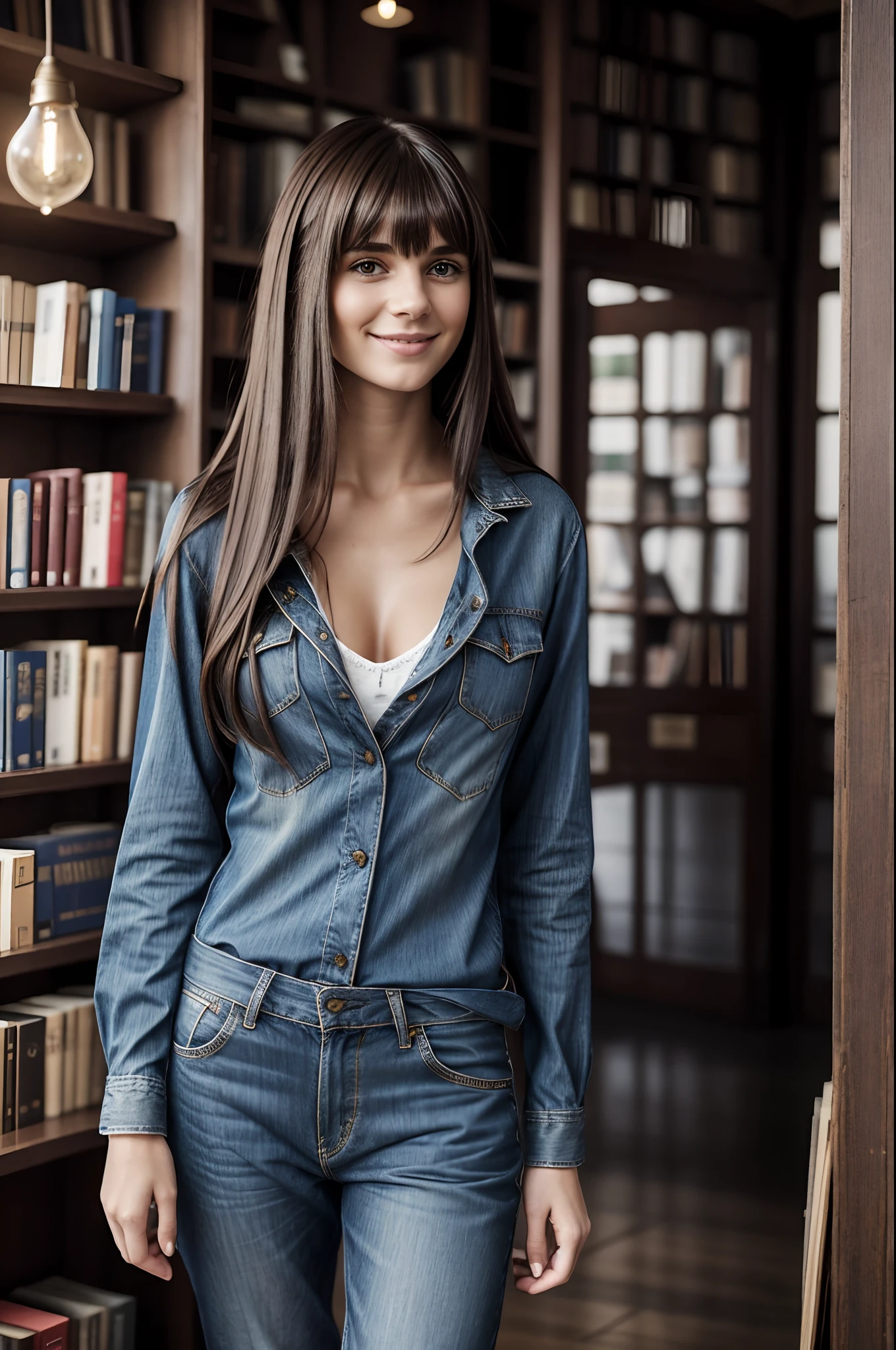 Gorgeous 25 year old brunette European woman with long hair with bangs, She's a bookstore explorer, She wears street clothes, une veste, une chemise, et un pantalon. Elle est souriante, flirting with camera, End of Day Light, Plan at scale, lighting cinematic, She is very well dressed with a lot of class, blurred background