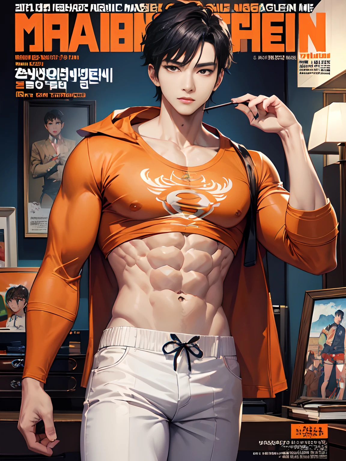 masterpiece, top quality, intricate detail, magazine front page, Korean men's health magazine, Magazine's Title with orange color font, halloween issue, a young handsome boy with short pants, T shirt, tall muscle, ((abs)), Kpop idol, looking at camera, beautiful face, white background, fashion model, Kpop boy's group member, fashionable damage short pants, ikemen