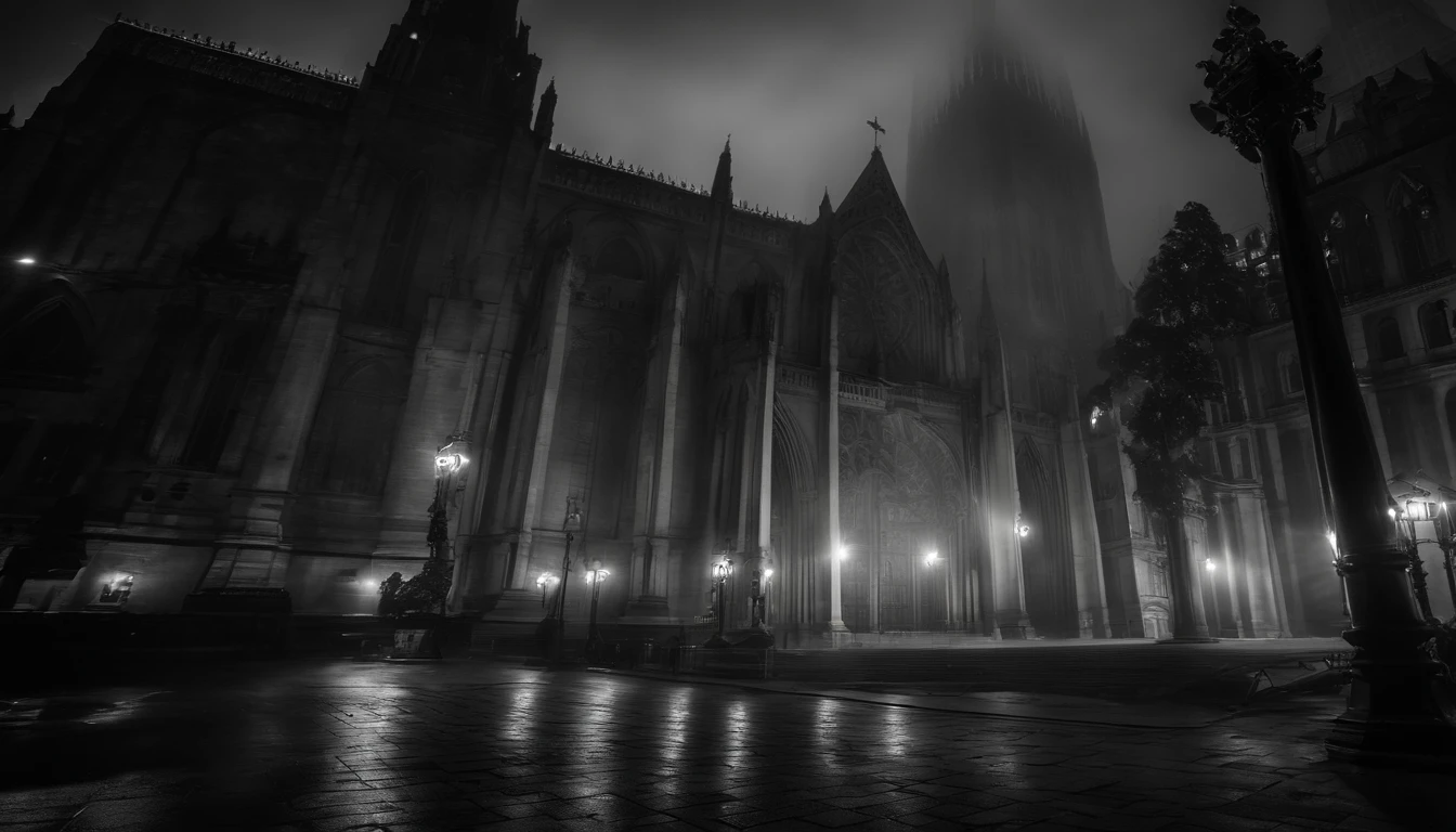 photo-realistic high-contrast,black and white photo, ultra wide angle perspective distortion, foggy, dark, moody, surreal, ((cathedral)) in city at night, dwarfed by towering skyscrapers, (gritty noir), wide-angle shot, handheld shot, muted color grading, horror, monochrome