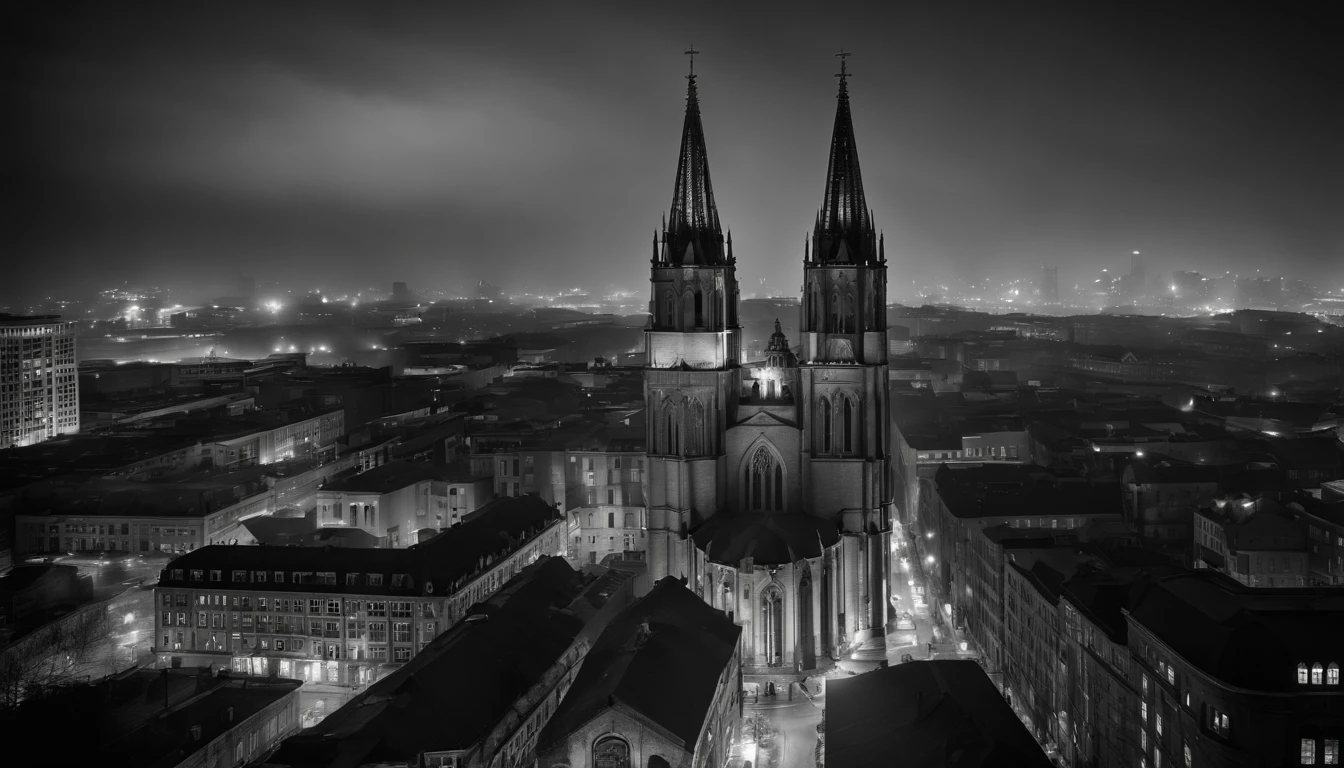 photo-realistic high-contrast,black and white photo, ultra wide angle perspective distortion, foggy, dark, moody, surreal, ((cathedral)) in city at night, dwarfed by towering skyscrapers, (gritty noir), wide-angle shot, handheld shot, muted color grading, horror, monochrome