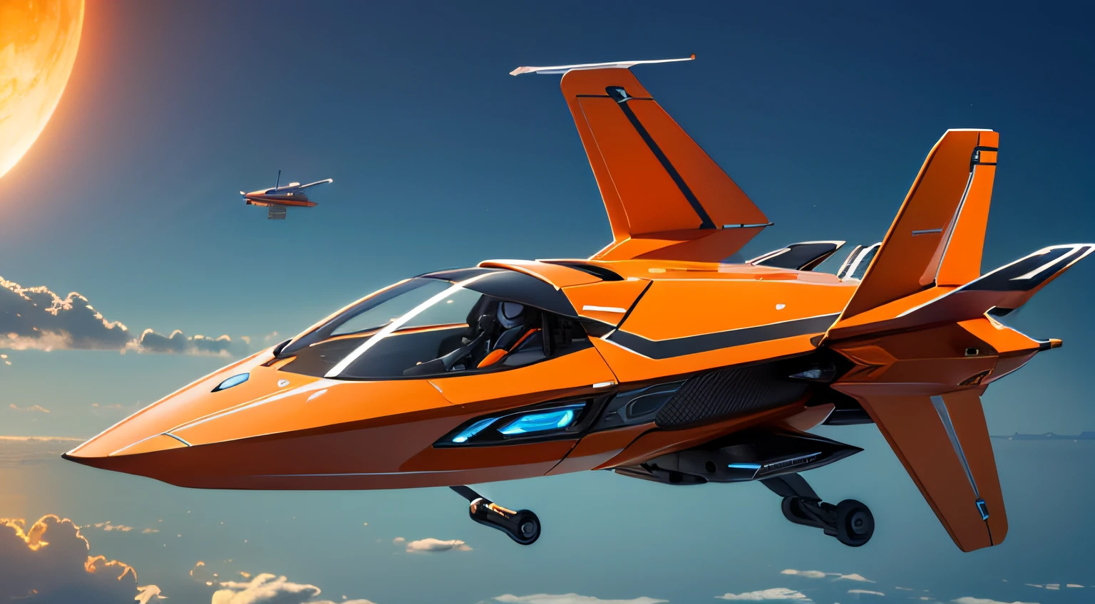 ultra-detailliert,ultra res,Small flying bodies,1-seater,Ships of the future,Spaceship,((top-quality)), ((​masterpiece)), (ighly detailed:1.3), Humanoid,orange colors,