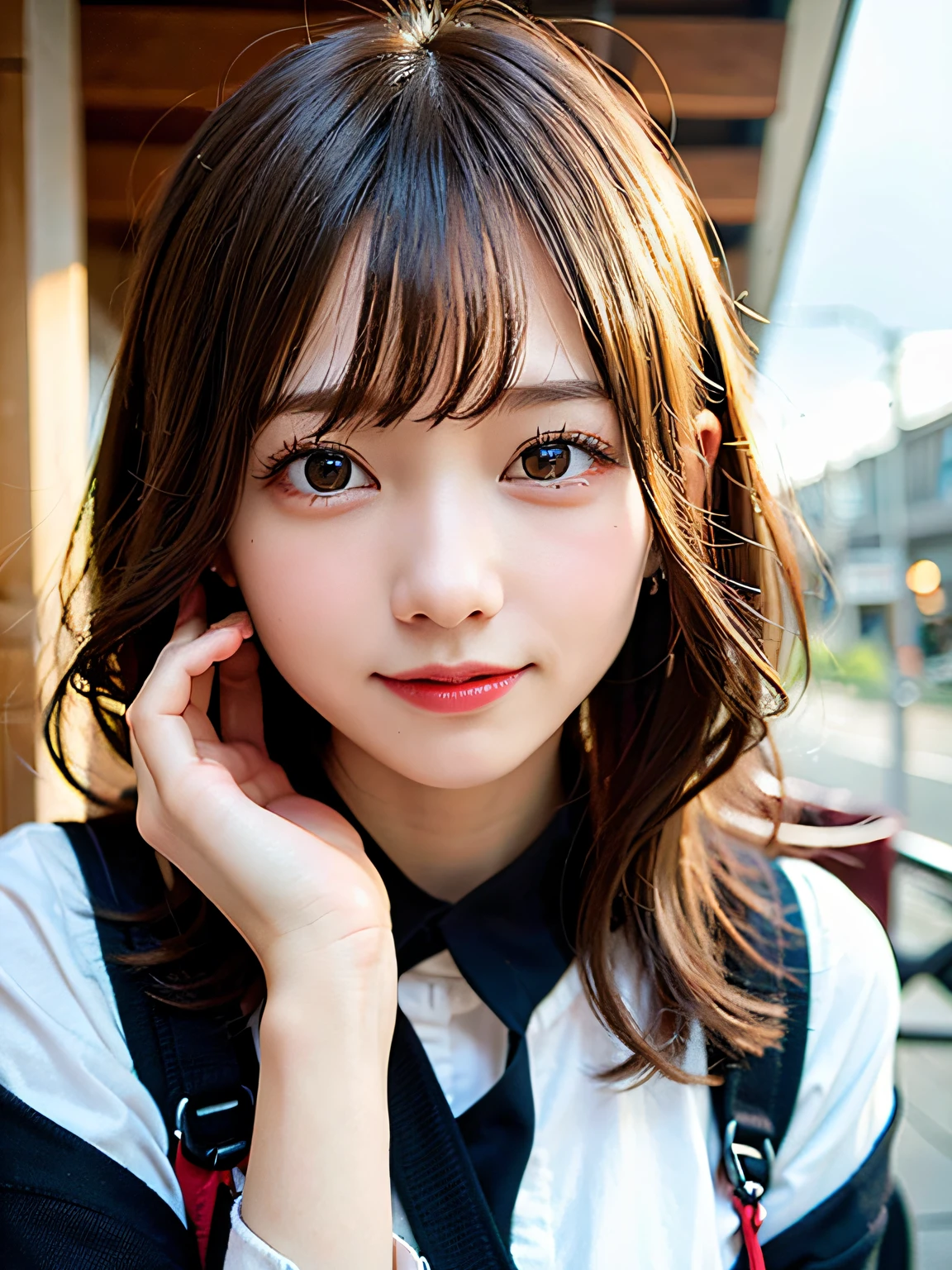 (8K, Raw photo:1.2)Detailed face and eyes,Best Quality, 超A high resolution, Highly detailed ,intricate detailes ,masutepiece ,Cute Girl , Soft cinematic light, Hyper-detailing,foco nítido, High quality,student clothes, dripping from,