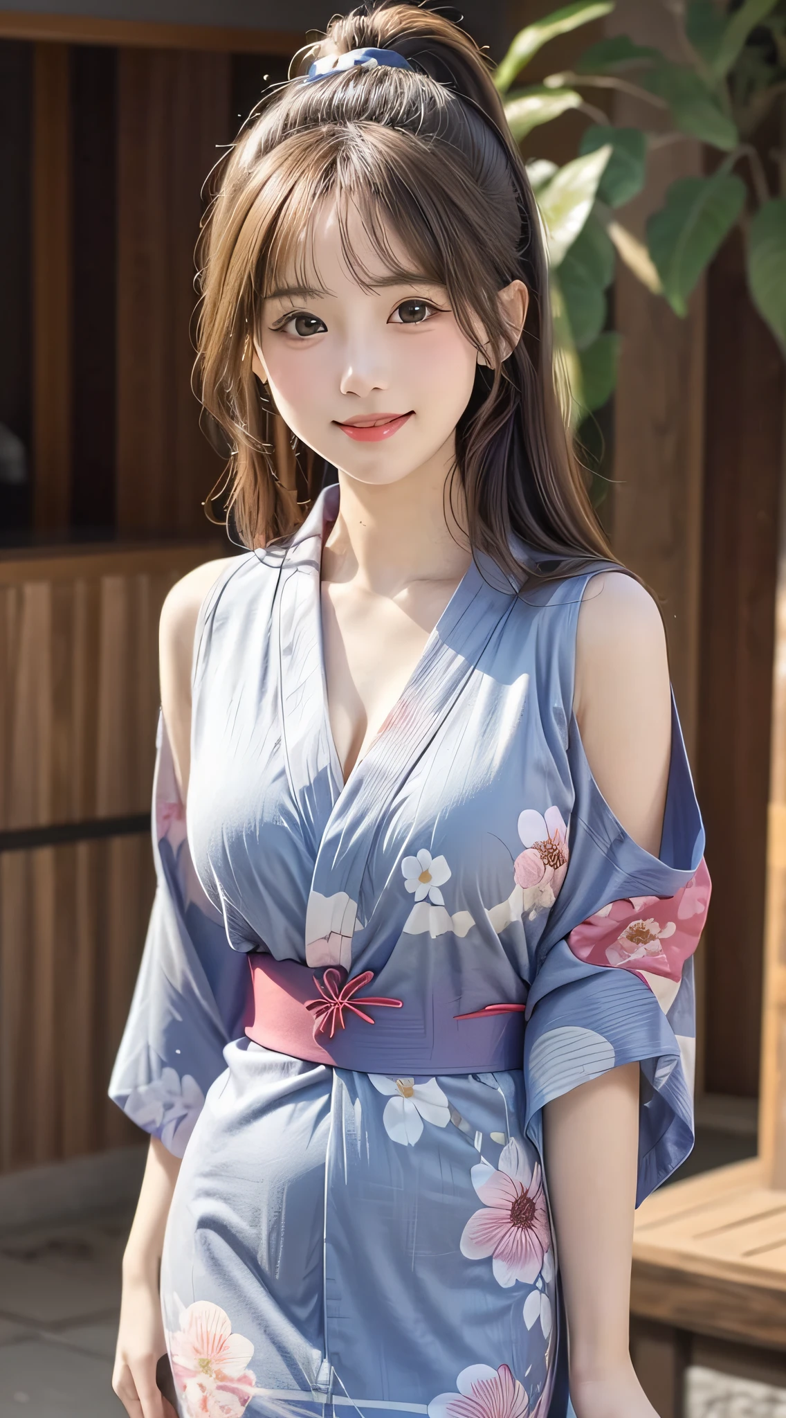 (1ung girl), Extremely cute face, Amazing face and eyes, (Highly detailed eyes, Highly detailed face), fresh, Very clean appearance, (Hyper-realistic, hight resolution), (Best Quality:1.4), Raw photo, (Realistic, Photorealsitic:1.37), Professional Photography, (floral pattern yukata:1.5), (Open yukata), (cleavage:1.2), (Bare shoulders), Smile slightly, (Staring at me), Bedroom, girl portrait,