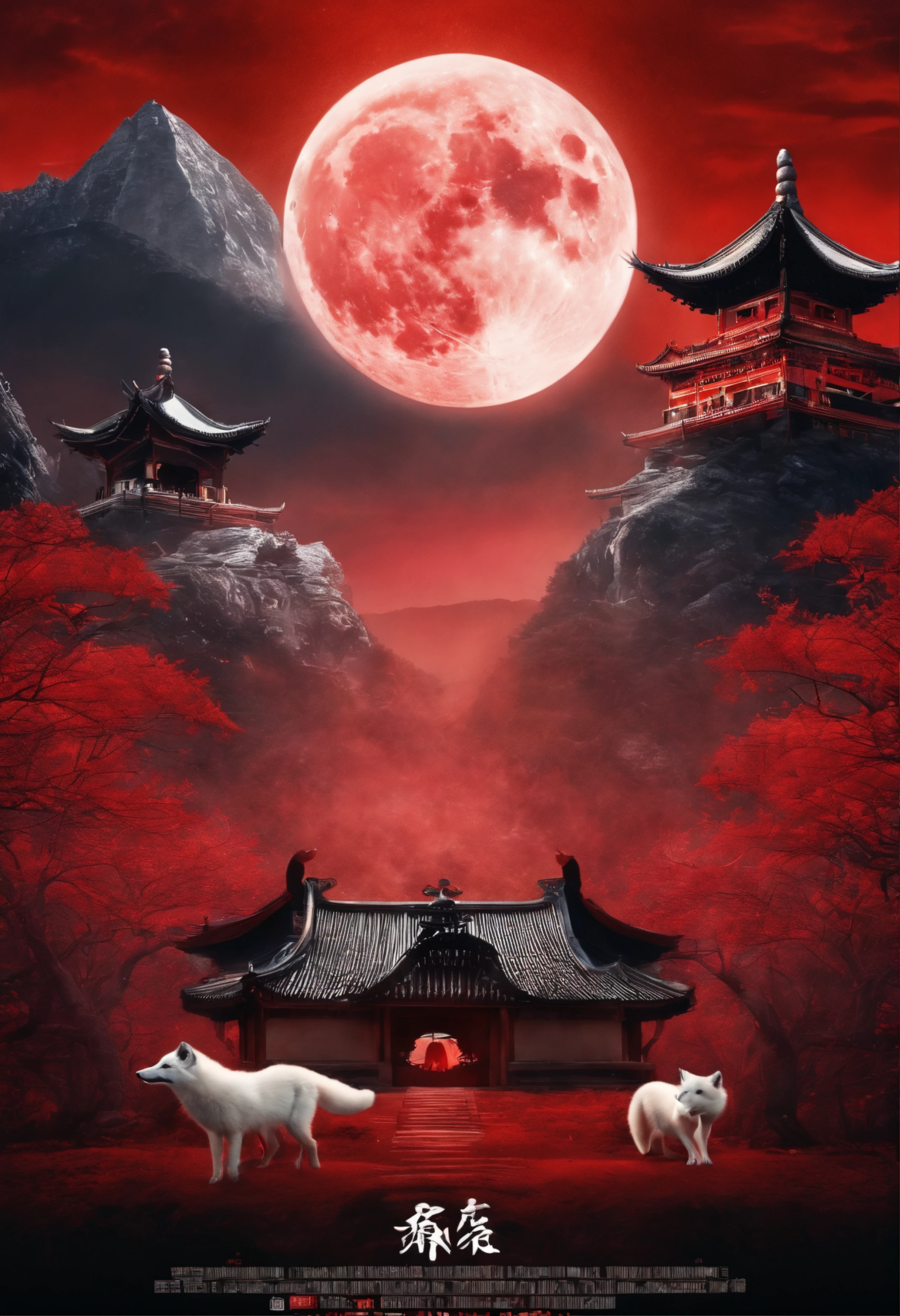 Chinese movie poster,red tint,A giant moon illuminates the entire village,The village is all covered in snowflakes,A white fox demon with 9 tails spits out a night pearl and heads towards the moon,In the lower right corner, there is a house in which several faces are peeking at the house