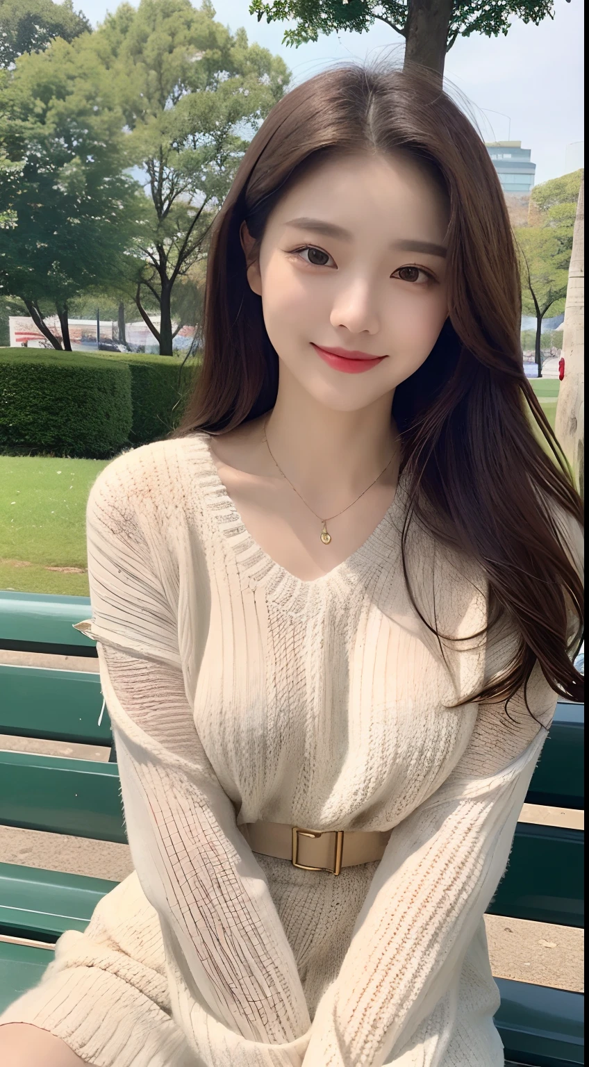 ((top quality, 8k, masterpiece: 1.3)), focus: 1.2, perfect body beauty: 1.4, buttocks: 1.2, (((delicate hair)), (sweater dress: 1.1), (sports car, street: 1.2), highly detailed face and skin texture, narrow eyes, double eyelids, whitened skin, smile, necklace, ring, person sitting on a park bench.