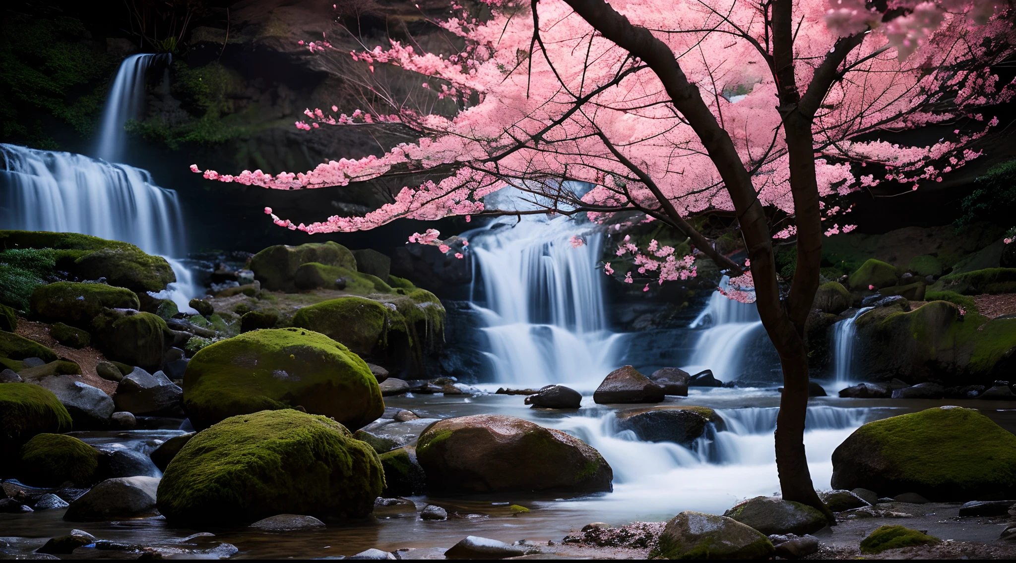 Lonely standing sakura in the mountains near waterfall at dawn, Morning lighting, Horror, Gloomy Shadows, A monster that devours the flesh of crucified humans