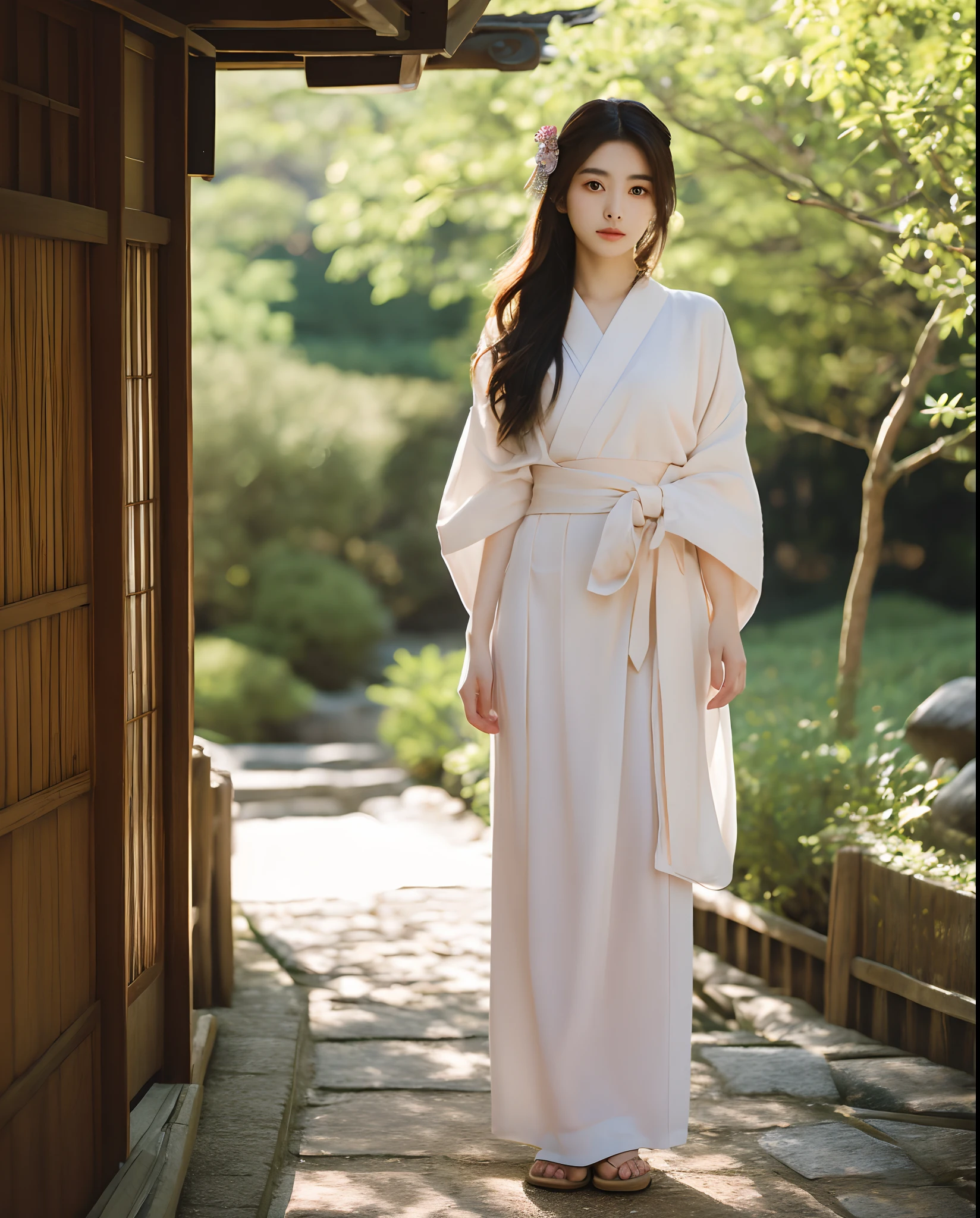 Cinematic Photo of a beautiful korean fashion model, 20 years old, perfect body, perfect skin, delicate face, fair eyes, good posture, japan ryokan setting, traditional japanese clothing, sunlight, outside, show full body