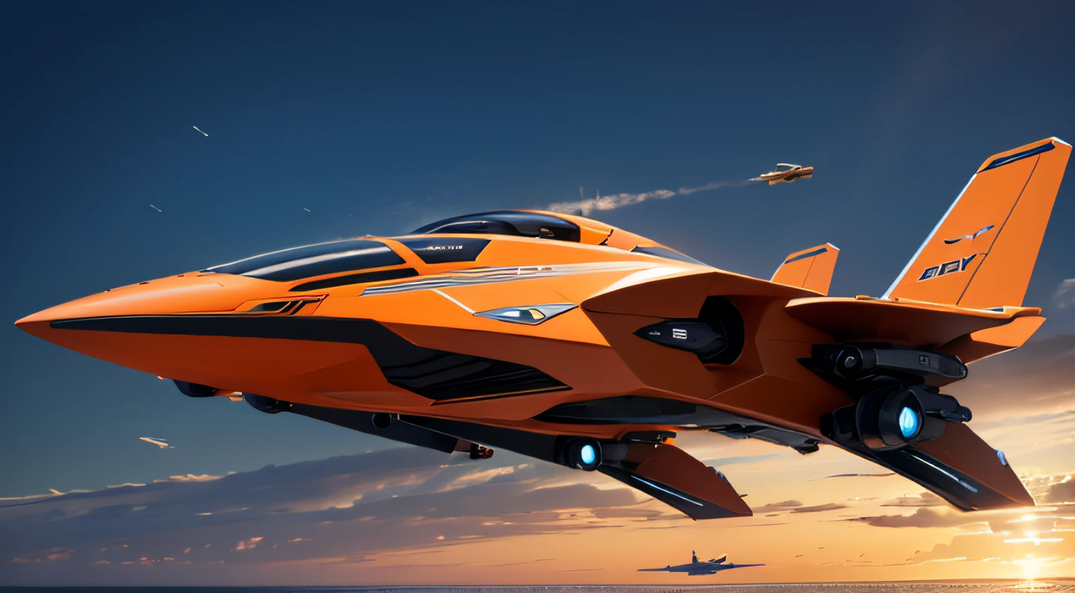 ultra-detailliert,ultra res,Small flying bodies,1-seater,Ships of the future,Spaceship,((top-quality)), ((masterpiece)), (ighly detailed:1.3), Humanoid,orange colors,Cannon,