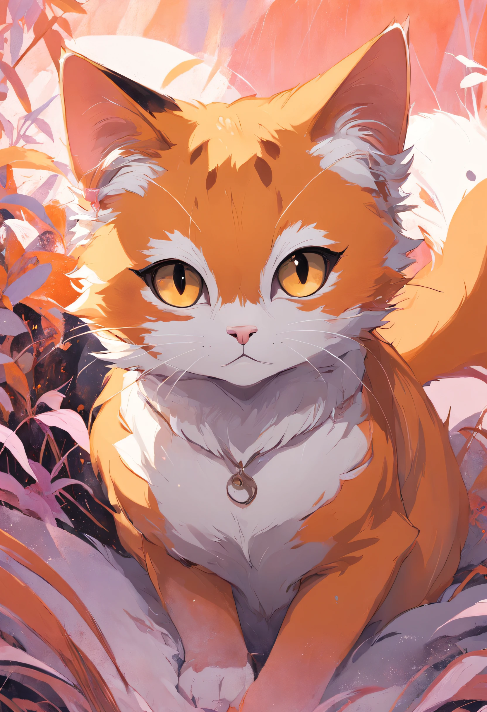 Gato en el arte, Aseo de ojos estrechos、ocio、Color principal naranja, Color secundario cian, Fondo rosa pastel, artistic, sofisticado, Warm style, Las formas incluyen gatos abstractos, Playful forms, Pieza elegante, Las texturas incluyen texturas de pelaje, Pintura lisa, textura de la tela, Lines contain elegant lines, Curvas naturales, Silueta delicada, La forma es elegante, accesible, expresivo, aesthetic.
