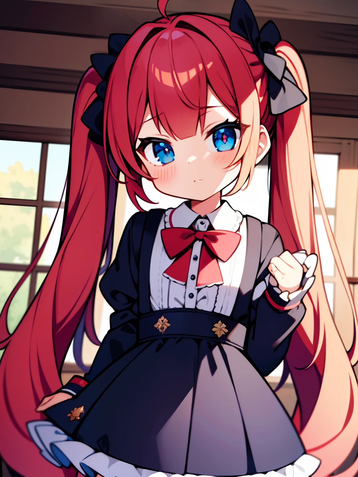 {{best quality}}, {{masterpiece}}, {{ultra-detailed}}, {illustration}, {detailed light}, red hair,blue eyes,twintails,lolita,Suspenders skirt,Fantastic,loli,solo,Dragon horns,little girl,long hair