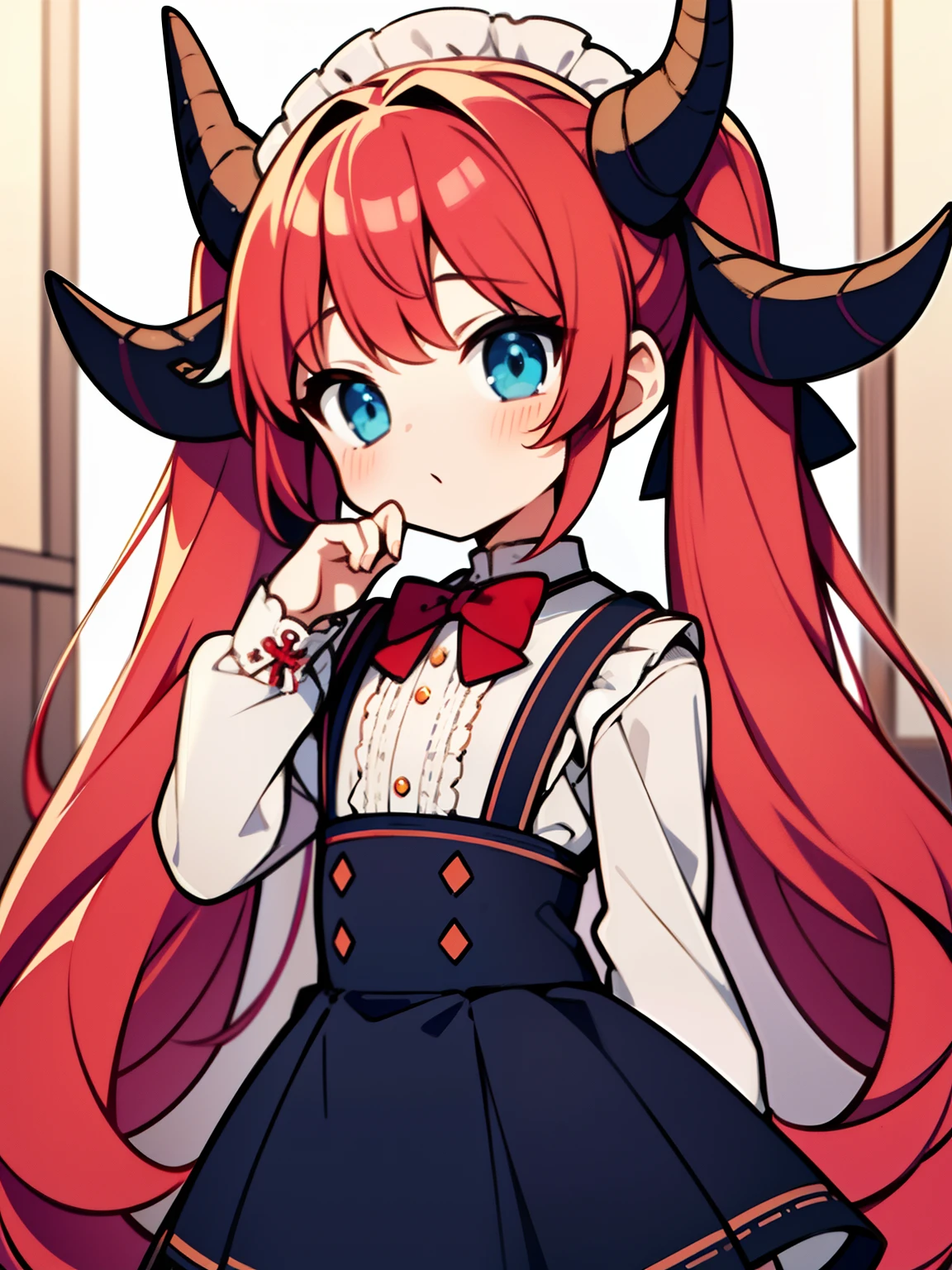 {{best quality}}, {{masterpiece}}, {{ultra-detailed}}, {illustration}, {detailed light}, red hair,blue eyes,twintails,lolita,Suspenders skirt,Fantastic,loli,solo,Dragon horns,little girl,long hair