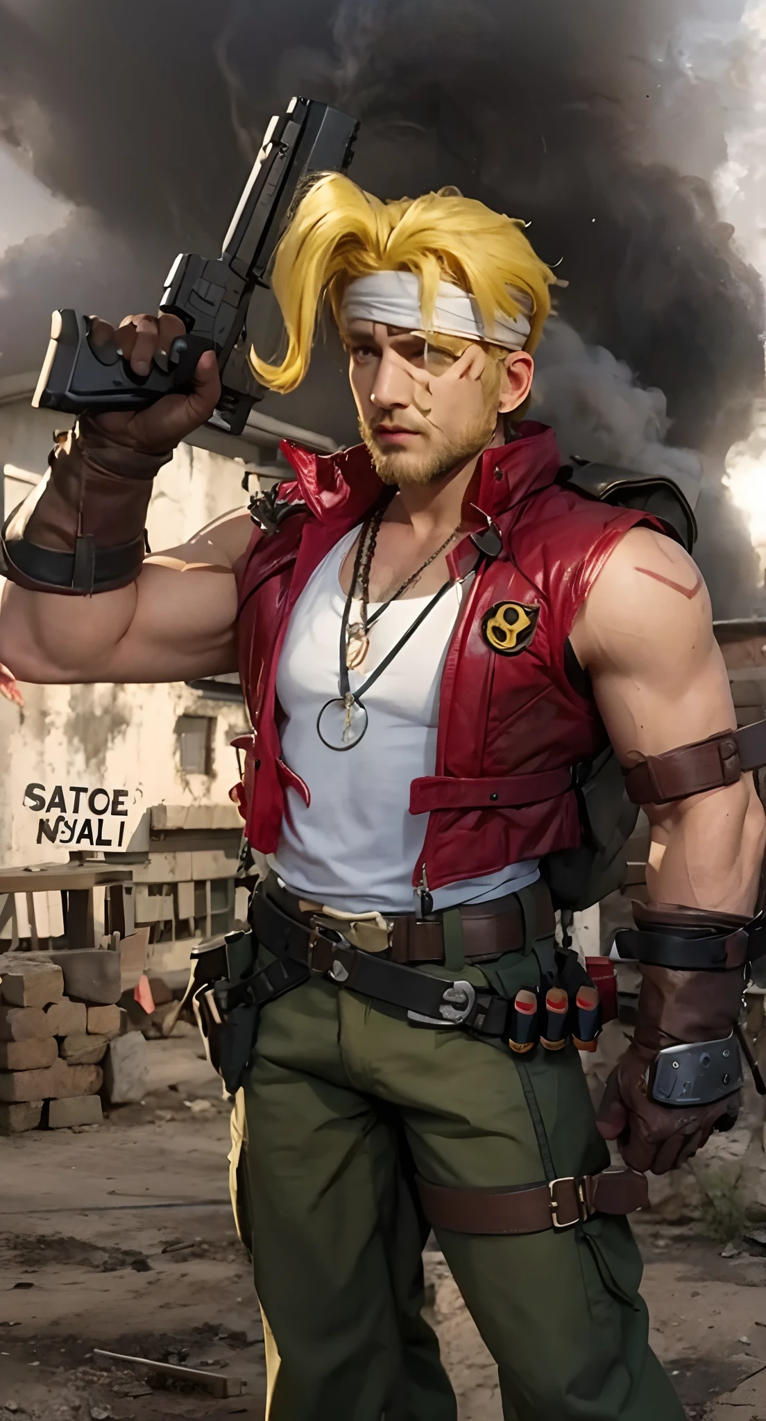 Real life adaption of this character, adult Handsome face,looking to viewer,realistic same yellow hair with headband,realistic battlefield background with black smoke, hyper realistic, realistic light, realistic shadow, realism,(photorealistic:1.2), (realistic same outfit), realistic same accecories , holding pistol, realistic same belt, realistic same yellow beard, realistic same necklace,normal ear,Realistic sideburns