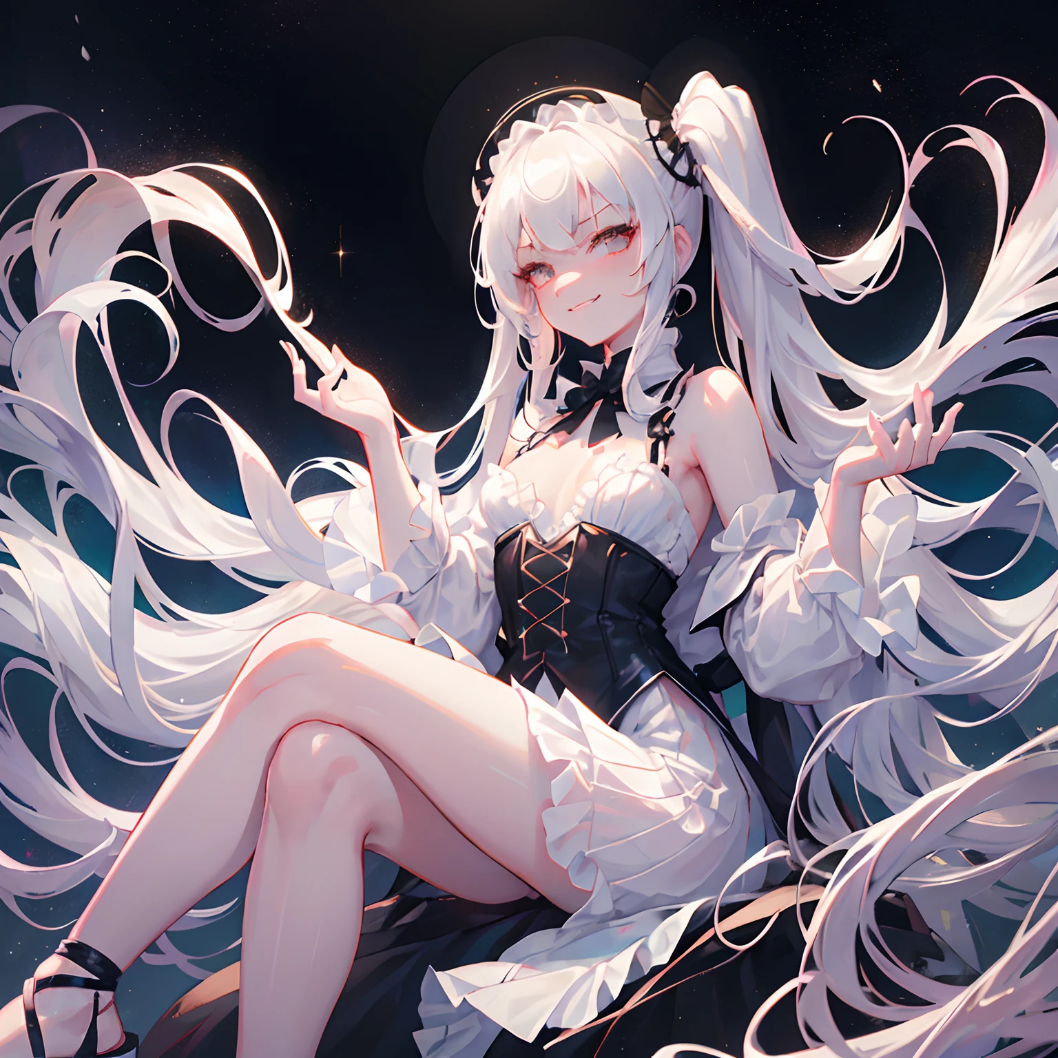 1 girl, solo, long white hair, curly twintails, vampire, jagged teeth, smirk, grinning, gorgeous young girl, small breasts, ****ta, luxurious white coat off shoulders, bare shoulders, sleeveless intricate black elegant shirt, see-through shirt, long skirt, cool black legwear, sandals, smug expression, (perfect anatomy), moonlit night in background