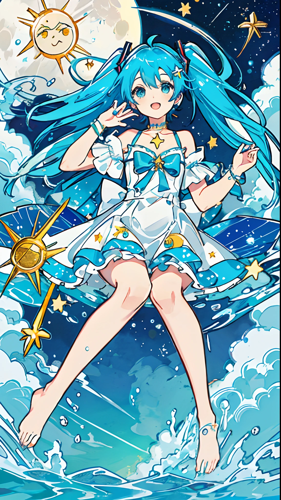 masterpiece,miku,blue hair,water under feet,sea,cloud,sun decorations,{{{star decorations}}},moon decorations,stars on the sky