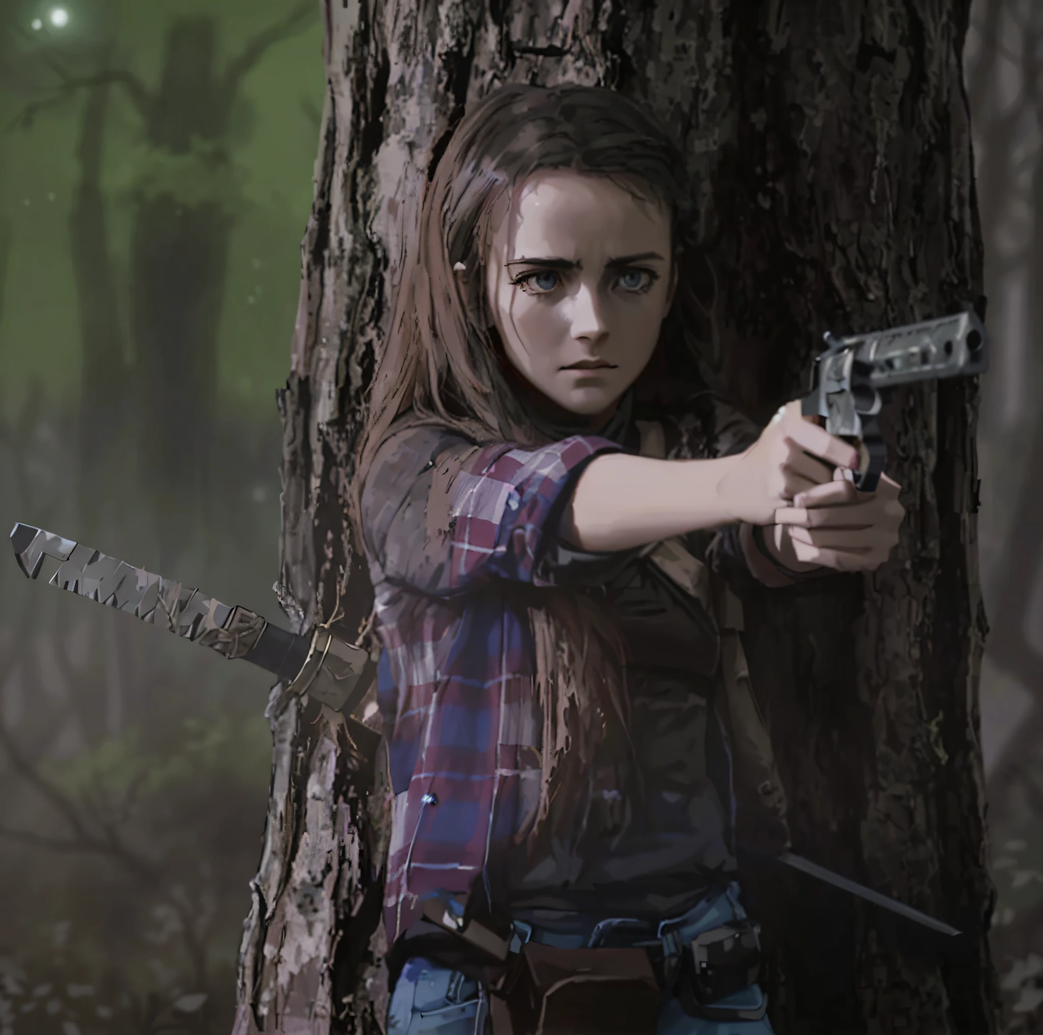 In a post-apocalyptic world, a resolute Judith Grimes confronts a mysterious figure in a moonlit forest, her small sword glistening in the dim light, surrounded by eerie trees with twisted branches, creating an eerie and mystical atmosphere, Illustration with heavy contrasts