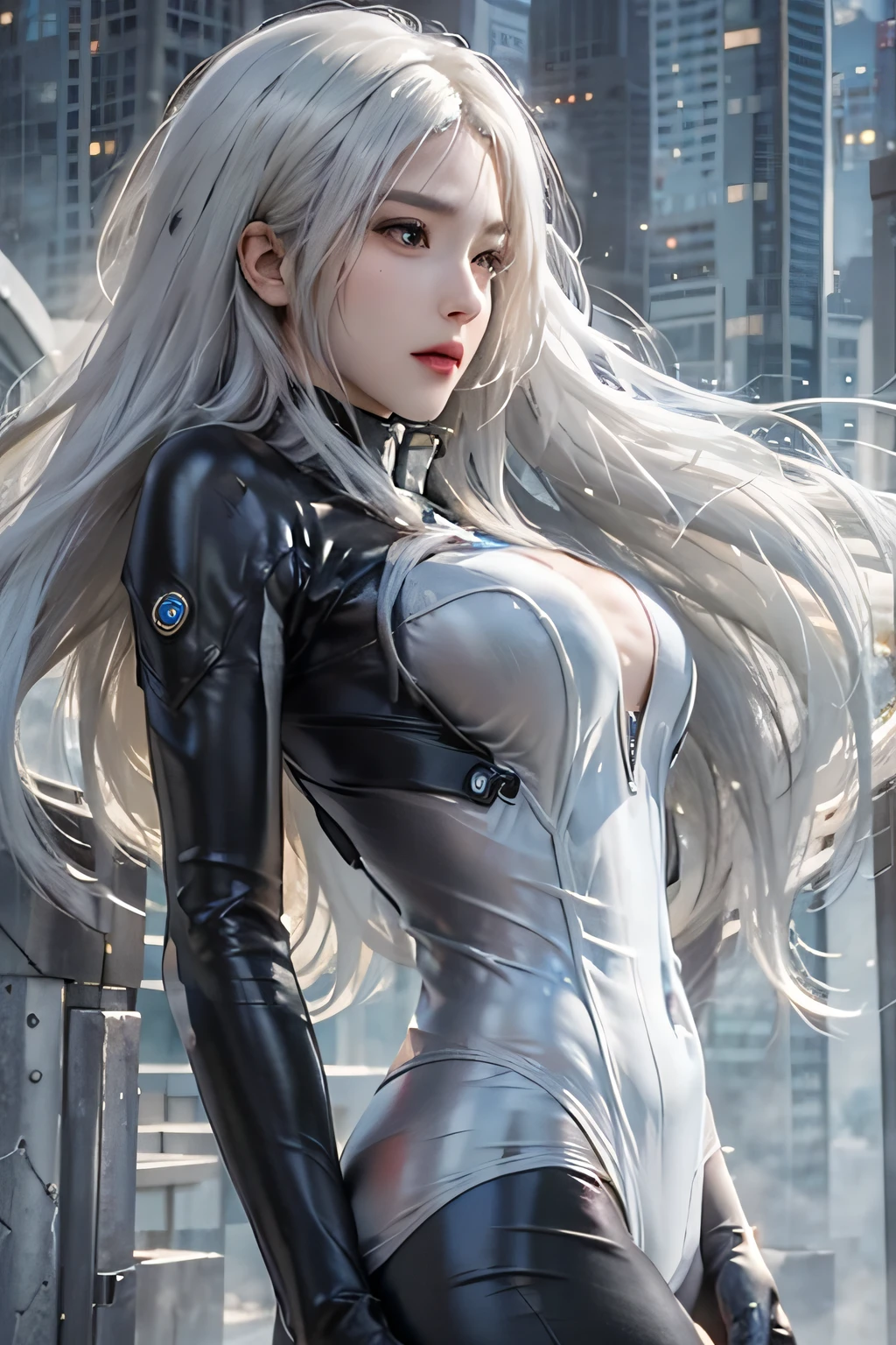 Photorealistic, High resolution, 1womanl, Solo, hips up high, look at viewr, (Detailed face), White hair, Long hair, Gantz, reika\(body suit\), Black Suit