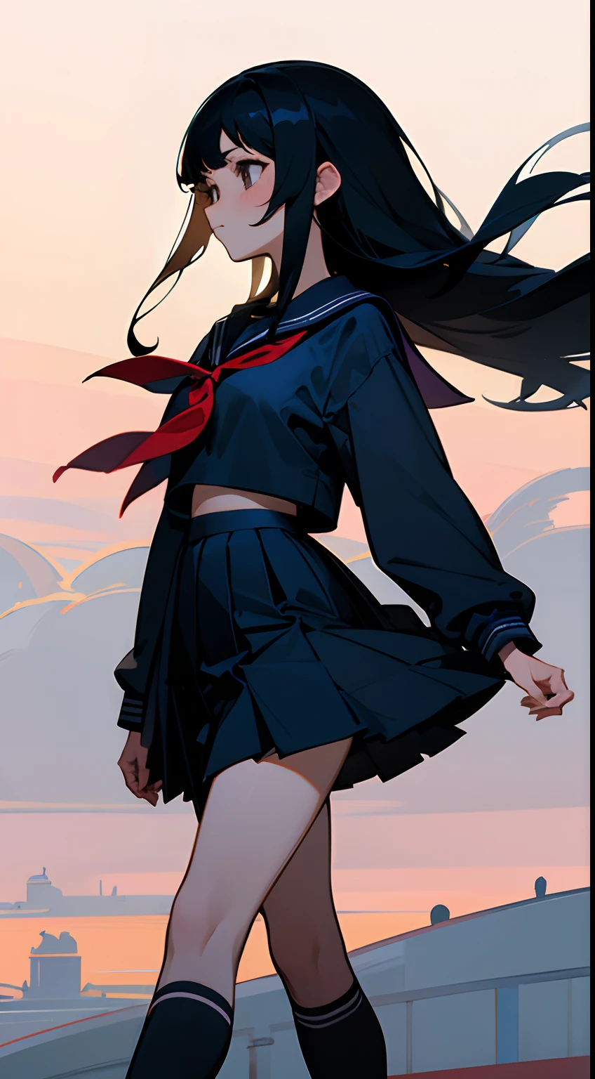 Semi-long black hair、Beautiful schoolgirl、a beauty girl、Navy blue long-sleeved sailor suit、Dark blue below-the-knee socks、Walking in open areas、Upper body is shown