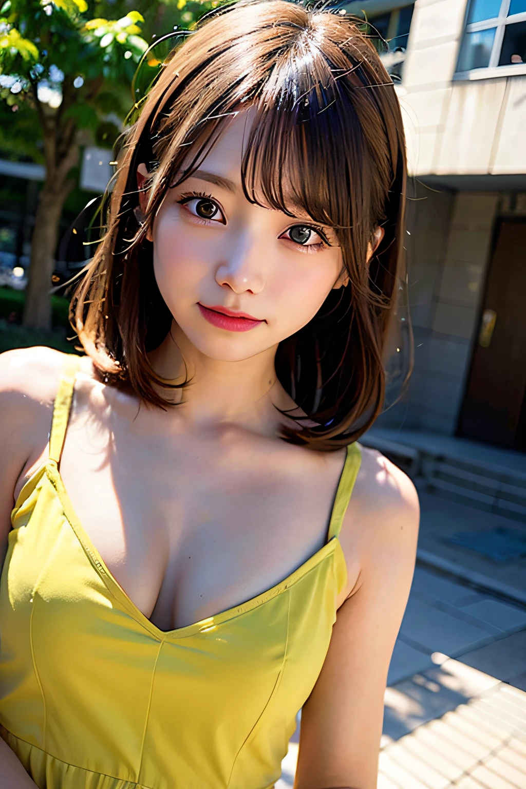 (8K, Raw photo:1.2)Detailed face and eyes,Best Quality, 超A high resolution, Highly detailed ,intricate detailes ,masutepiece ,Cute Girl , Soft cinematic light, Hyper-detailing,foco nítido, High quality,student clothes, dripping from,yellow dress、