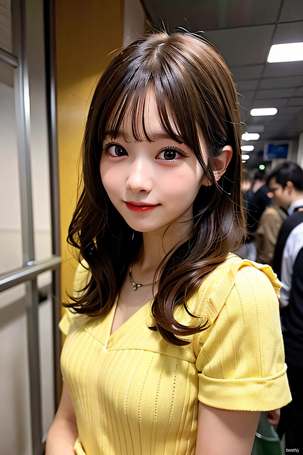 (8K, Raw photo:1.2)Detailed face and eyes,Best Quality, 超A high resolution, Highly detailed ,intricate detailes ,masutepiece ,Cute Girl , Soft cinematic light, Hyper-detailing,foco nítido, High quality,student clothes,  dripping from,yellow dress、