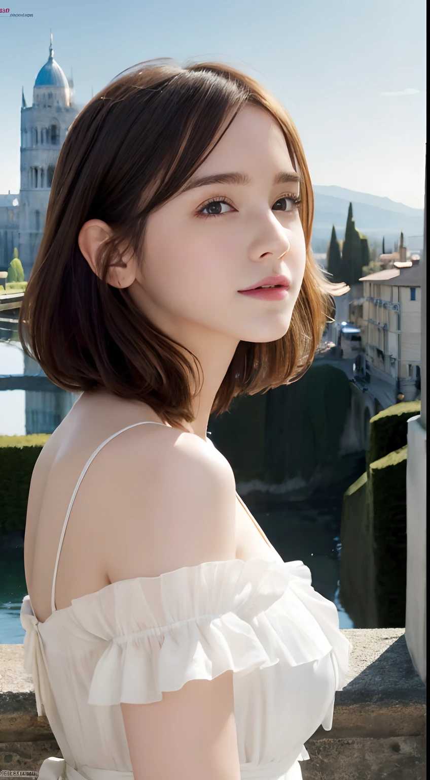 (A hyper-realistic), (hight resolution), (8K), (ighly detailed), (beatiful detailed eyes), (top-quality), (ultra-detailliert), (masterpiece), (A detailed face), softfocus、face of emma watson、Colossal tits、japanes、View of the Leaning Tower of Pisa, Italian national costume、A smile