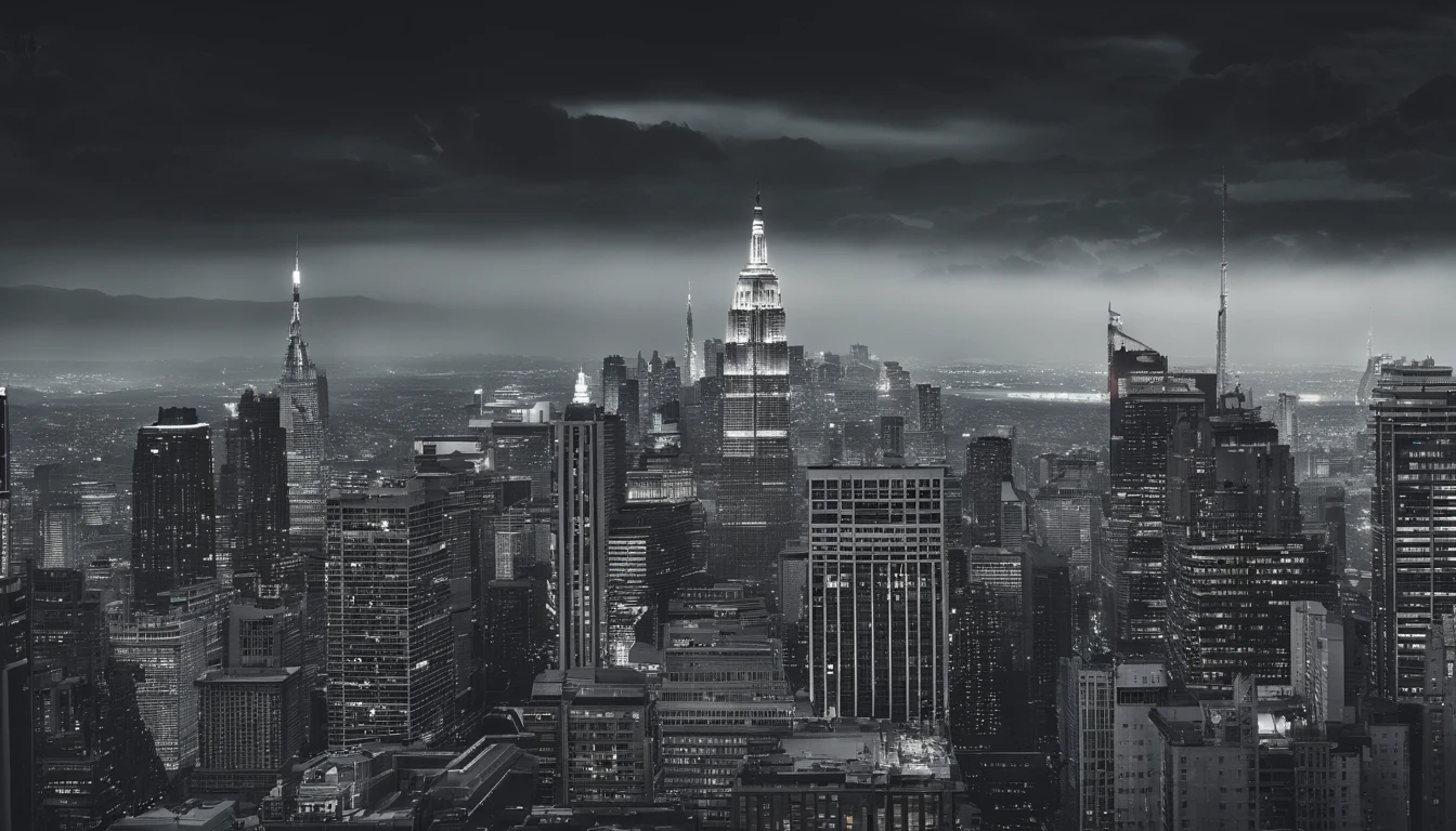 photo-realistic high-contrast,black and white photo, ultra wide angle perspective distortion, foggy, dark, moody, surreal, ((cathedral rooftop)) with gargoyle statuary, in city at night, dwarfed by towering skyscrapers, (gritty noir), wide-angle shot, handheld shot, muted color grading, horror, monochrome, low-angle shot