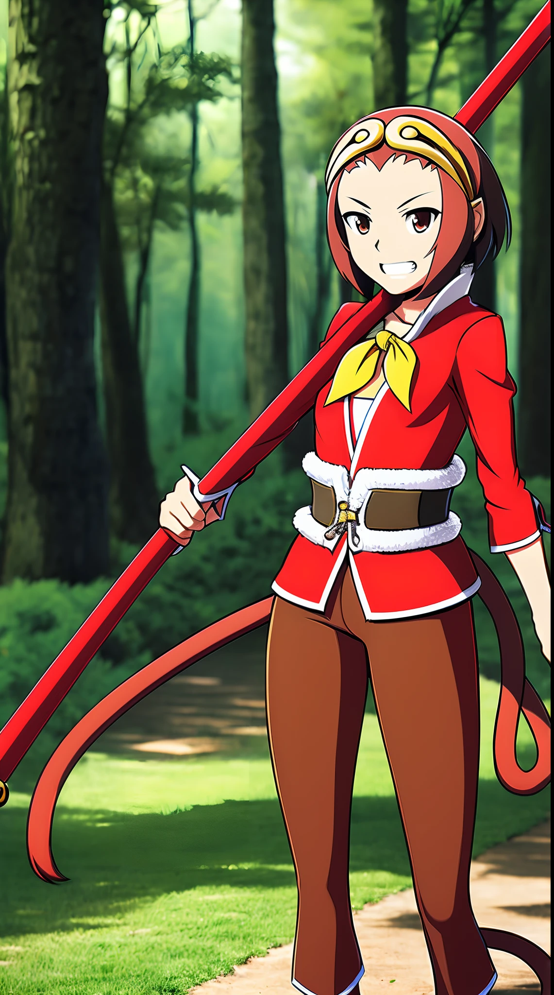 SonSon, monkey girl, (monkey tail), short hair, gold circlet, yellow ascot, brown pants, white socks, red chinese shoes, red tangzhuang, grin, brown eyes, outoors, chinese forest, red staff