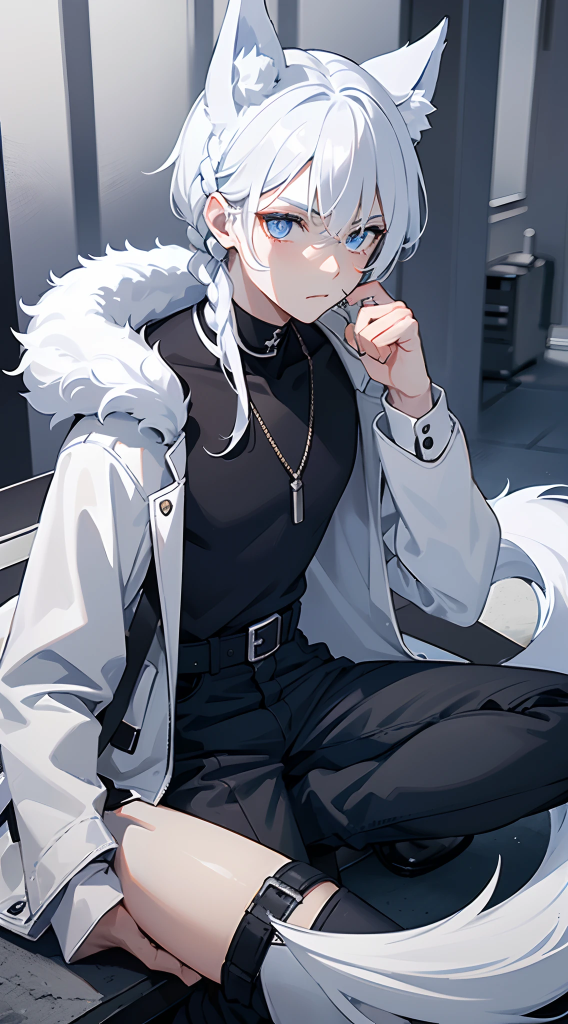Boy with short white hairs aith a small side braid on the left side of the head, pale skin, clear blue eyes, wolf ears and tail, wearing a black and white shirt, a white fur jacket, jeans and black military boots, with a scar on his left cheek and neck