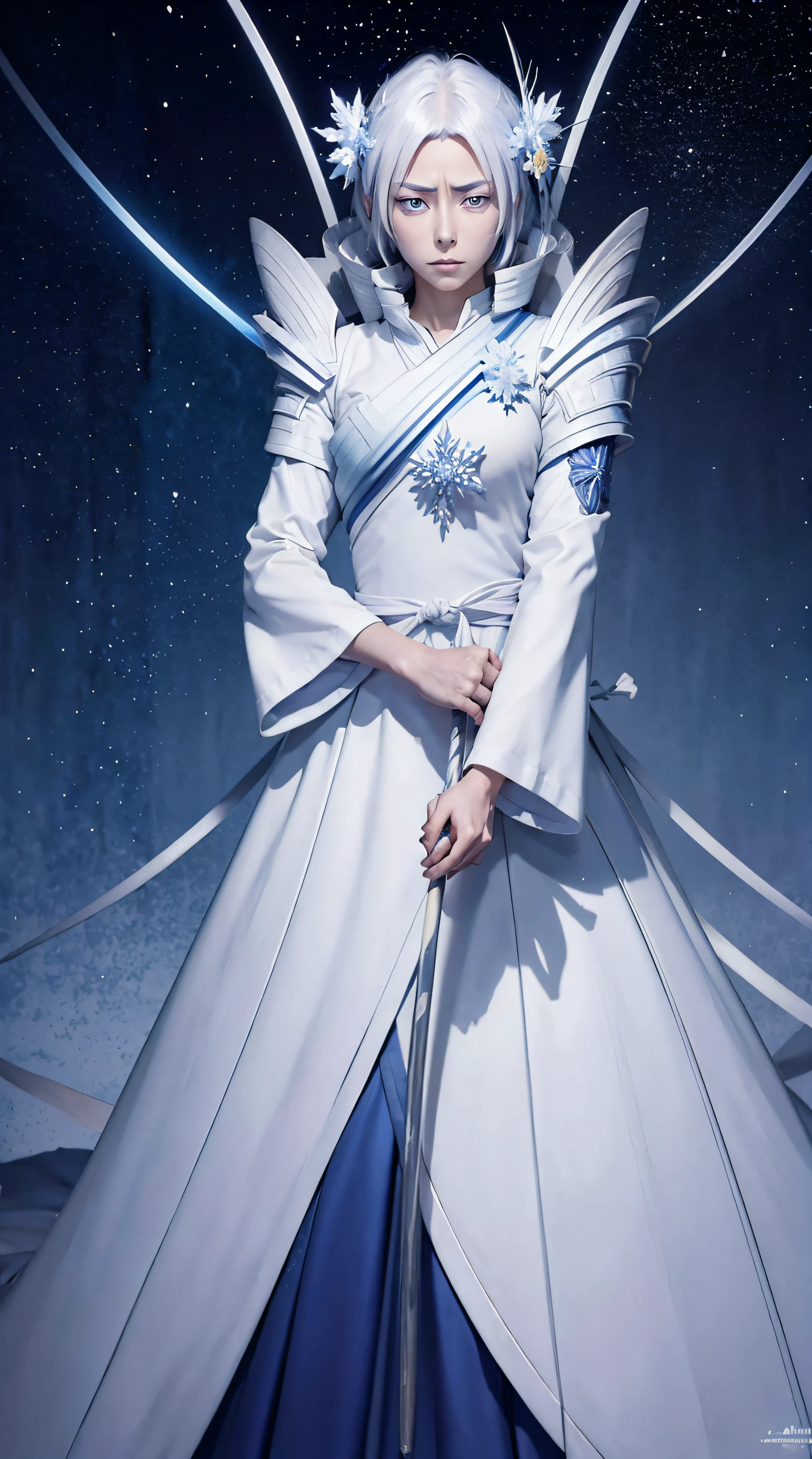 A digital art of Rukia Kuchiki, Bankai form(Hakka no Togame), from anime Bleach, standing, Full body, white hair, light blue eyes, frozen katana, ice particles, snowflakes, hyper detailed, hyper realistic, look at the the viewer, 4k, wide depth of field, radiant mapping, high dynamic range, masterpiece.