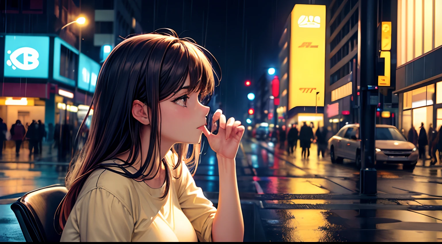 Street at night, girls, mature woman, Big breasts, pretty face, Get in shape, Woman sitting on the street, natta, Detail, Lo-Fi(Lo-Fi)(Lo-Fi(Lo-Fi)), 2.5D, OfficeLook, facial expression, Absorbed in work, Background with, office, Street, heads, black, heads, Yellow, dawn, Rainy Night, a pretty woman, Front view, Profile