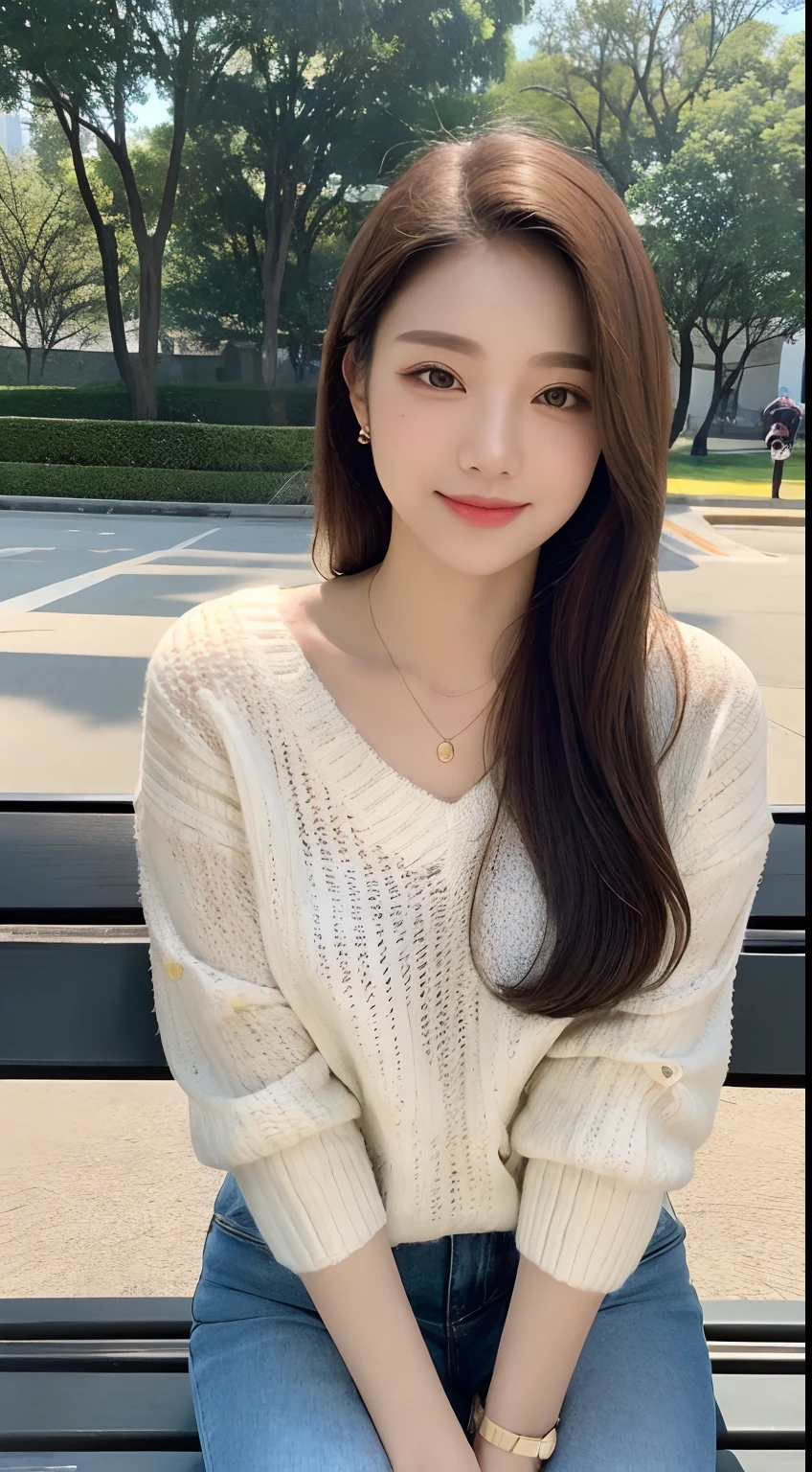 ((top quality, 8k, masterpiece: 1.3)), focus: 1.2, perfect body beauty: 1.4, buttocks: 1.2, (((delicate hair)), (sweater dress: 1.1), (sports car, street: 1.2), highly detailed face and skin texture, narrow eyes, double eyelids, whitened skin, smile, necklace, ring, person sitting on a park bench.