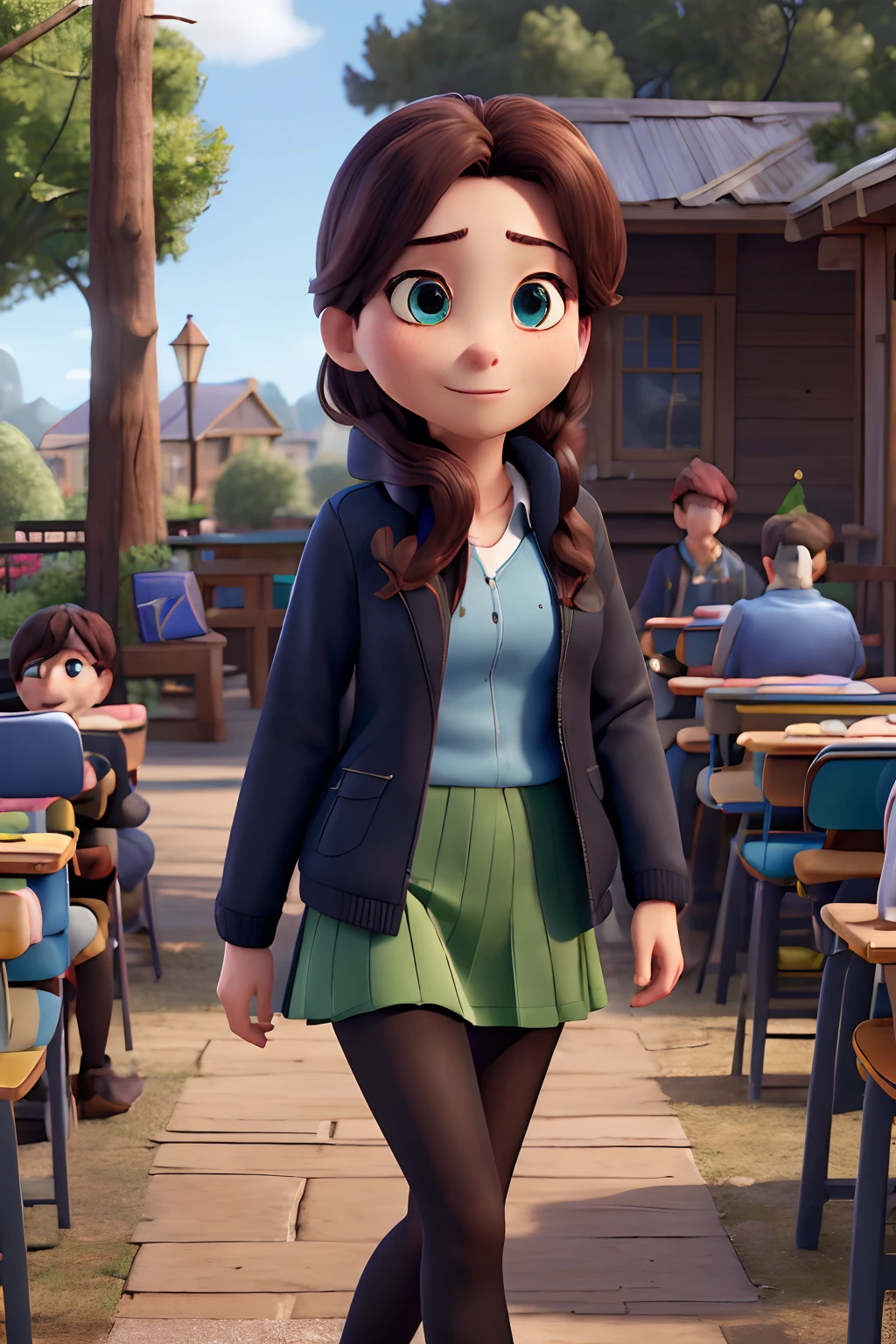 masterpiece, best quality, highres, nm1, headphones around neck, school uniform, long sleeves, blue cardigan, green skirt, pantyhose, black jacket, open jacket, cowboy shot, outdoors, Disney Pixar style