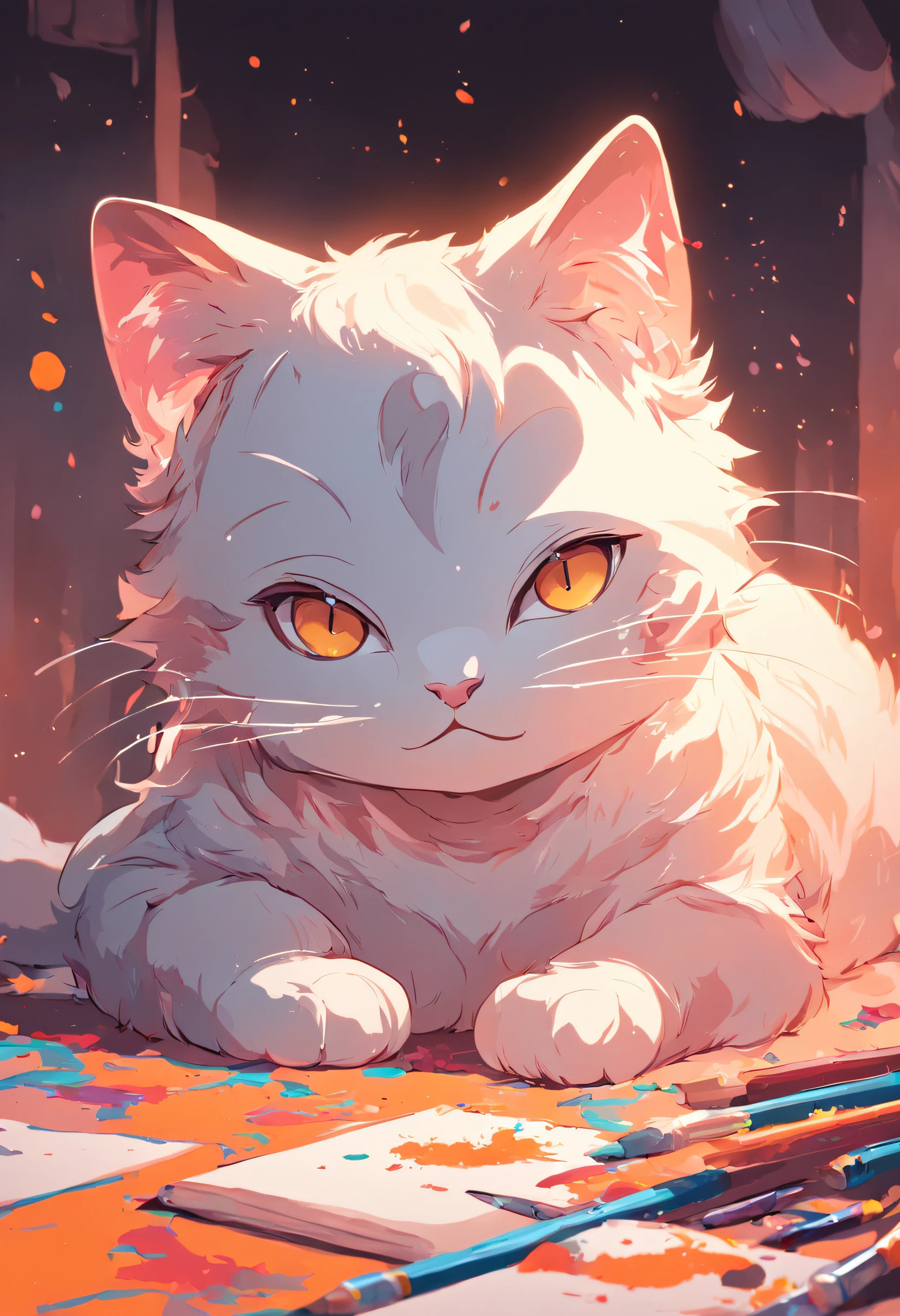 "Capa para livro de colorir, Illustration of an adorable colorless cat being painted with vibrant colors."
