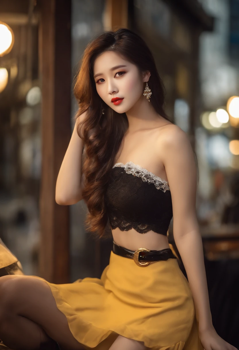 night scene、Ruined city、Slightly chubby young woman、full bodyesbian、Raised sexy、cropped shoulders、Red bandeau、Yellow mini tight skirt、blackstockings、red high heel pumps、Black curly hair shawl hair、largeeyes、Raised sexy、Enchanted、Face value、The phone covers your face、a close up of a woman with long hair wearing a tia, young lovely Korean faces, girl cute-fine face,, young cute wan asian face, with round face, south east asian with round face, Beautiful realistic face, Korean girl, cute delicate face, Realistic beautiful face, beautiful Korean women, Popular Korean makeup、CG、Real Human