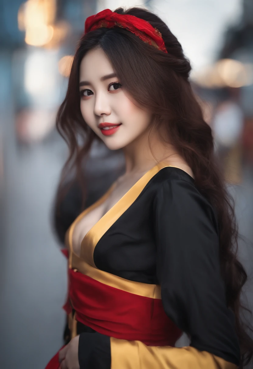 night scene、Ruined city、Slightly chubby young woman、full bodyesbian、Raised sexy、cropped shoulders、Red bandeau、Yellow mini tight skirt、blackstockings、red high heel pumps、Black curly hair shawl hair、largeeyes、Raised sexy、Enchanted、Face value、The phone covers your face、a close up of a woman with long hair wearing a tia, young lovely Korean faces, girl cute-fine face,, young cute wan asian face, with round face, south east asian with round face, Beautiful realistic face, Korean girl, cute delicate face, Realistic beautiful face, beautiful Korean women, Popular Korean makeup、CG、Real Human